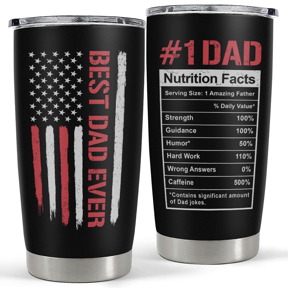 SANDJEST Best Dad Ever Tumbler with Lid - Dad Nutrition Facts 20oz Insulated Stainless Steel Mug - Coffee Mug for Travel Outdoor Sport Office, Gift for Father’s Day Birthday