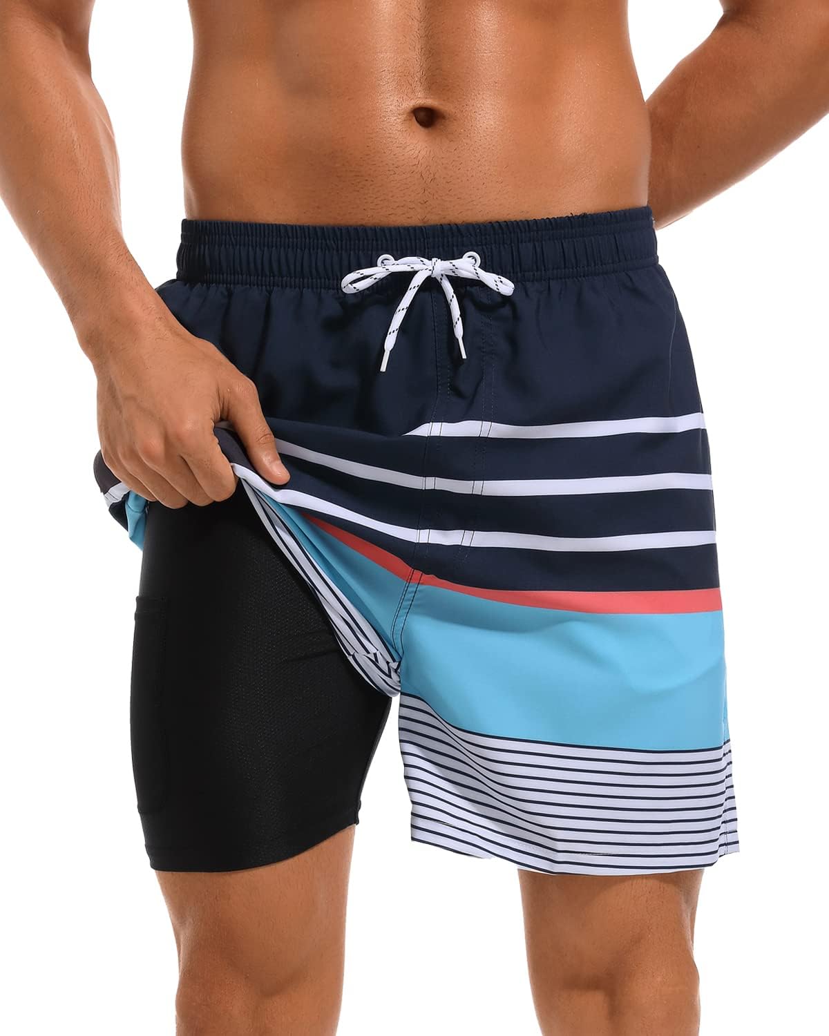 SILKWORLD Mens Swim Trunks with Compression Liner 2 in 1 Quick Dry Bathing Suit Beach Shorts with Zipper Pockets