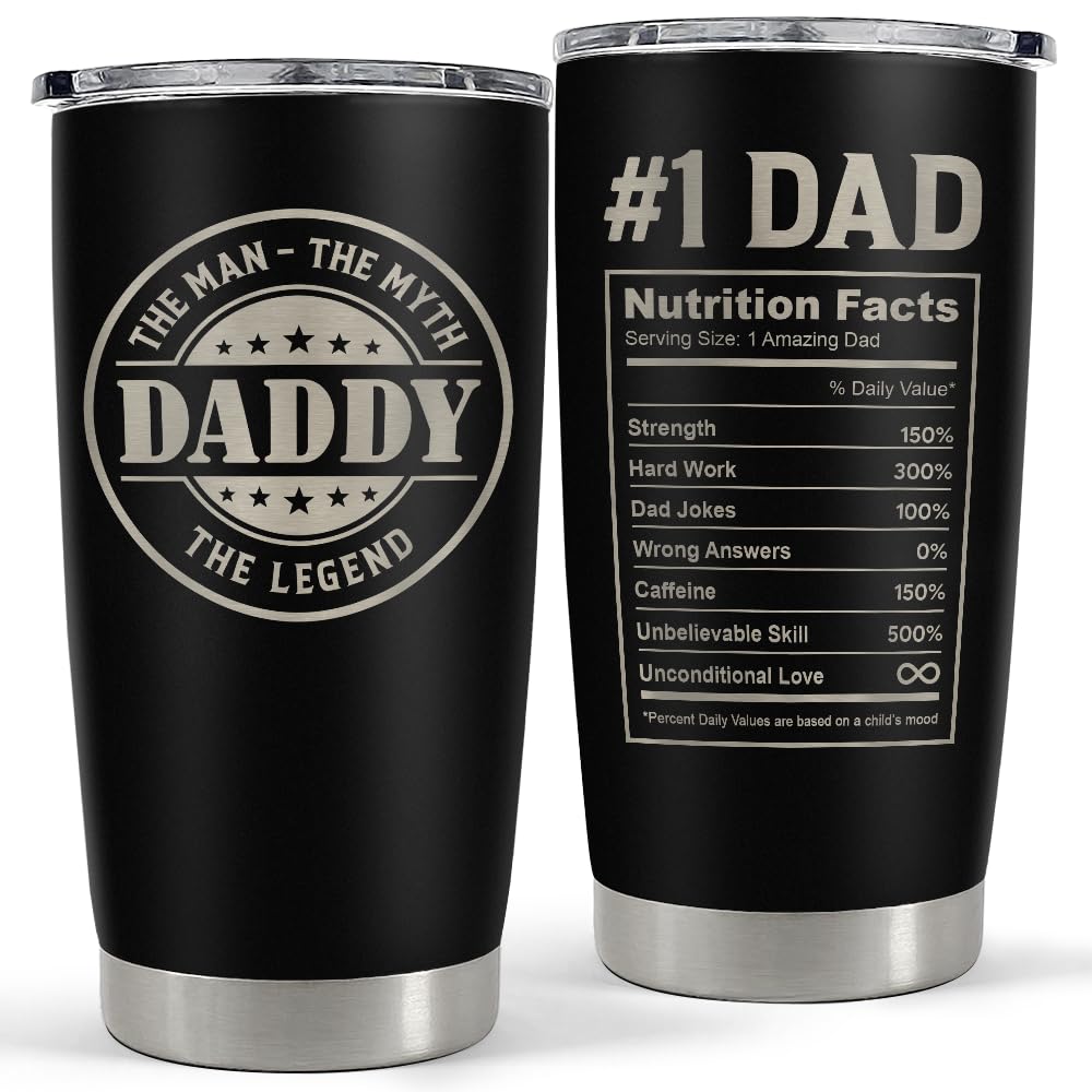 SANDJEST Best Dad Ever Tumbler with Lid - Dad Nutrition Facts 20oz Insulated Stainless Steel Mug - Coffee Mug for Travel Outdoor Sport Office, Gift for Father’s Day Birthday