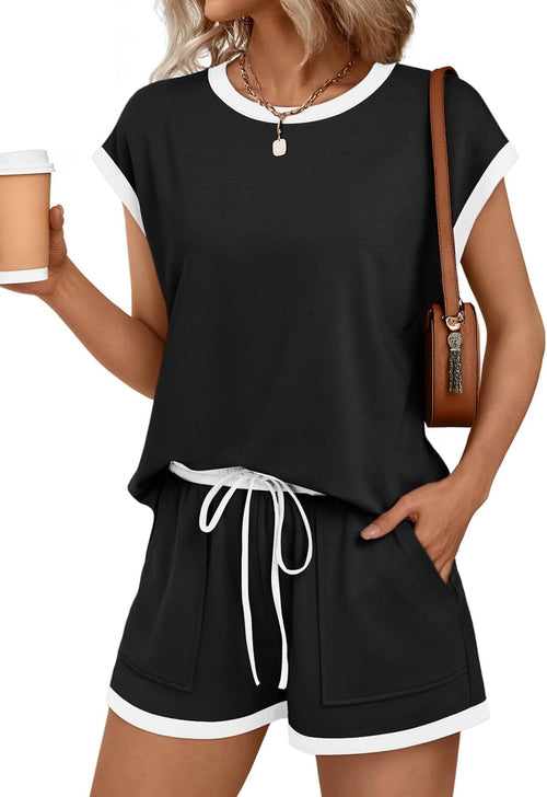 AUTOMET Womens Crew Neck Two Piece Short Sets Cap Sleeve Drawstring Summer Sweatsuit with Pocket