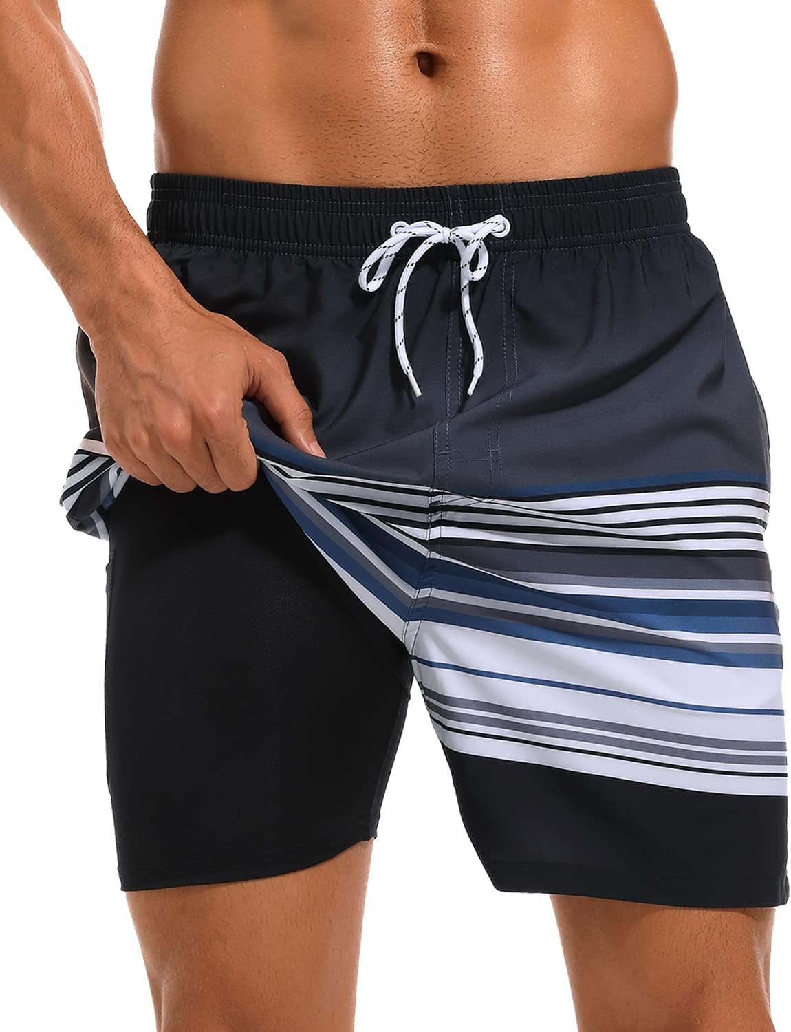 SILKWORLD Mens Swim Trunks with Compression Liner 2 in 1 Quick Dry Bathing Suit Beach Shorts with Zipper Pockets