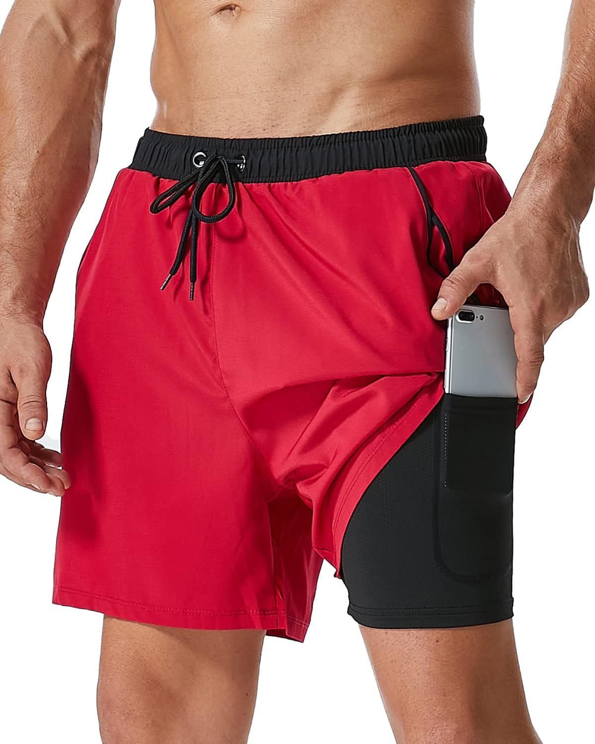 SILKWORLD Mens Swim Trunks with Compression Liner 2 in 1 Quick Dry Bathing Suit Beach Shorts with Zipper Pockets
