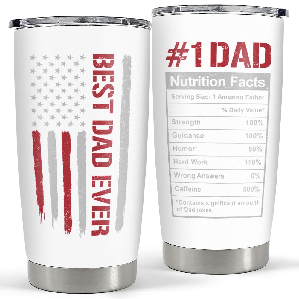 SANDJEST Best Dad Ever Tumbler with Lid - Dad Nutrition Facts 20oz Insulated Stainless Steel Mug - Coffee Mug for Travel Outdoor Sport Office, Gift for Father’s Day Birthday