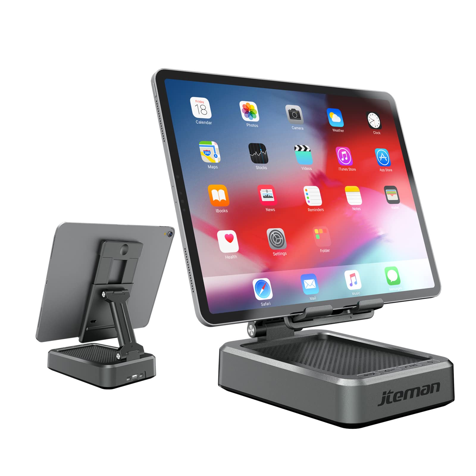 JTEMAN Cell Phone Stand with Bluetooth Speaker, HD Stereo Sound & Anti-Slip Base, Foldable Adjustable Desktop Phone Holder for Home Office, Cool Tech Gadgets Birthday Gifts for Men Women (Black)