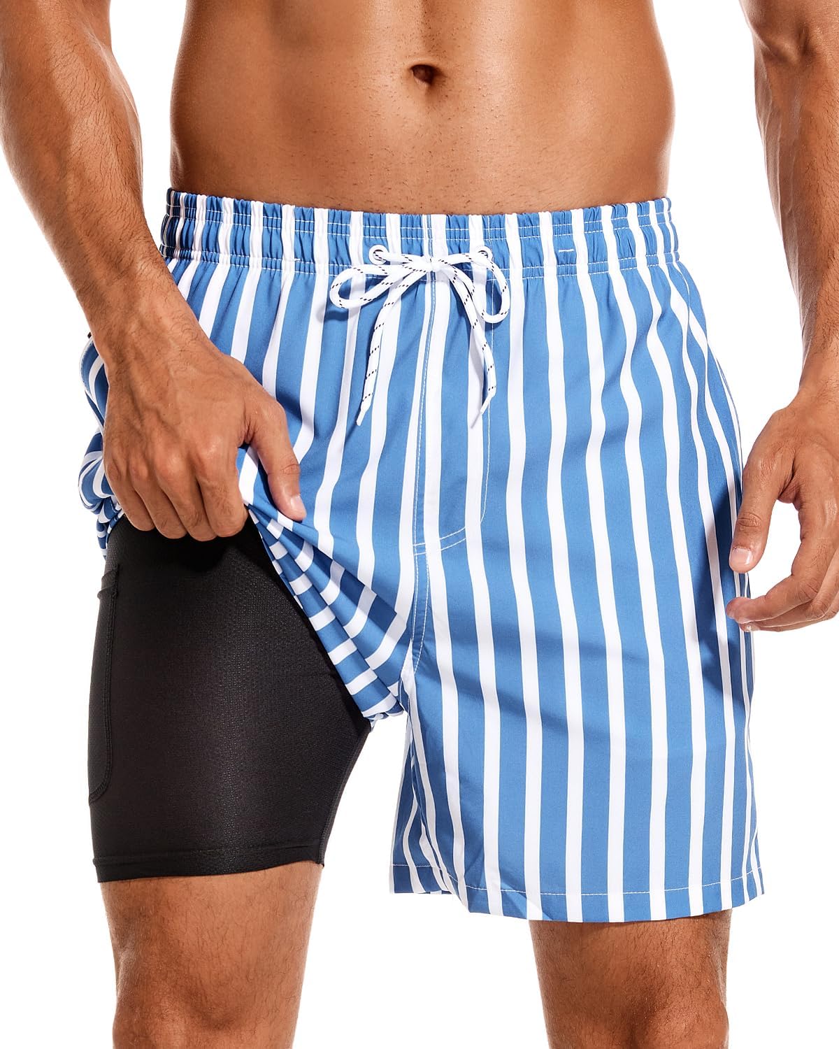SILKWORLD Mens Swim Trunks with Compression Liner 2 in 1 Quick Dry Bathing Suit Beach Shorts with Zipper Pockets