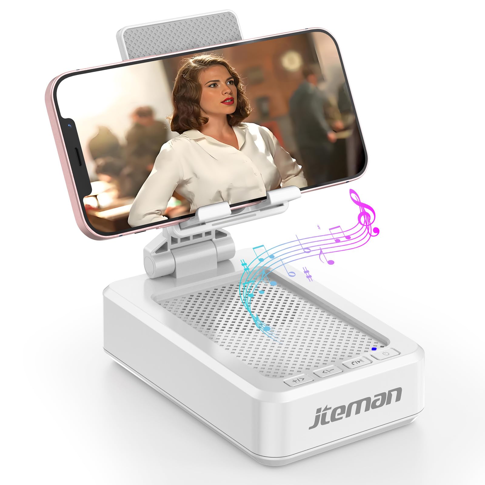 JTEMAN Cell Phone Stand with Bluetooth Speaker, HD Stereo Sound & Anti-Slip Base, Foldable Adjustable Desktop Phone Holder for Home Office, Cool Tech Gadgets Birthday Gifts for Men Women (Black)