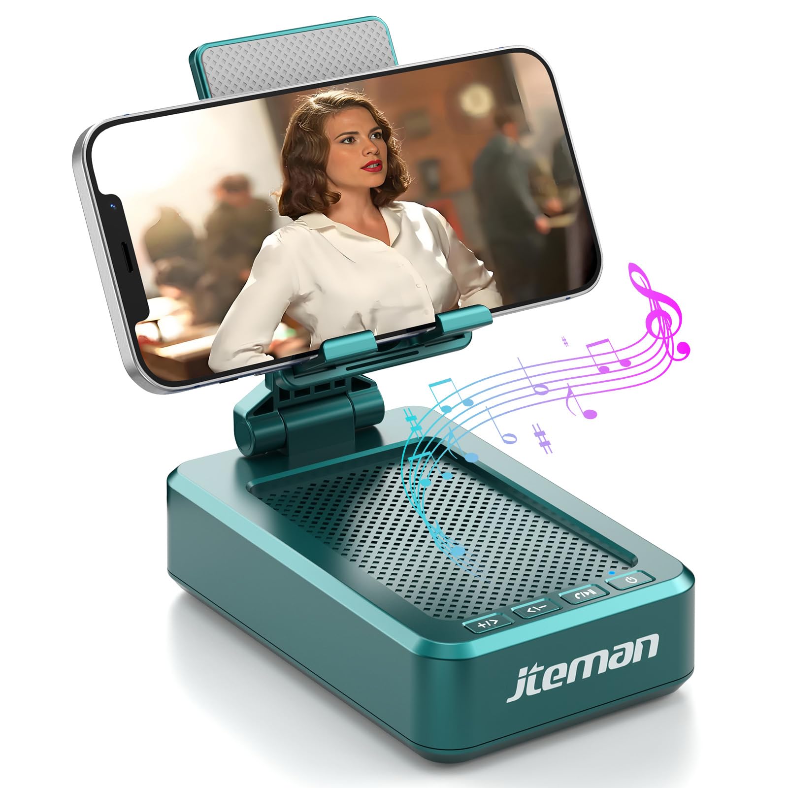 JTEMAN Cell Phone Stand with Bluetooth Speaker, HD Stereo Sound & Anti-Slip Base, Foldable Adjustable Desktop Phone Holder for Home Office, Cool Tech Gadgets Birthday Gifts for Men Women (Black)