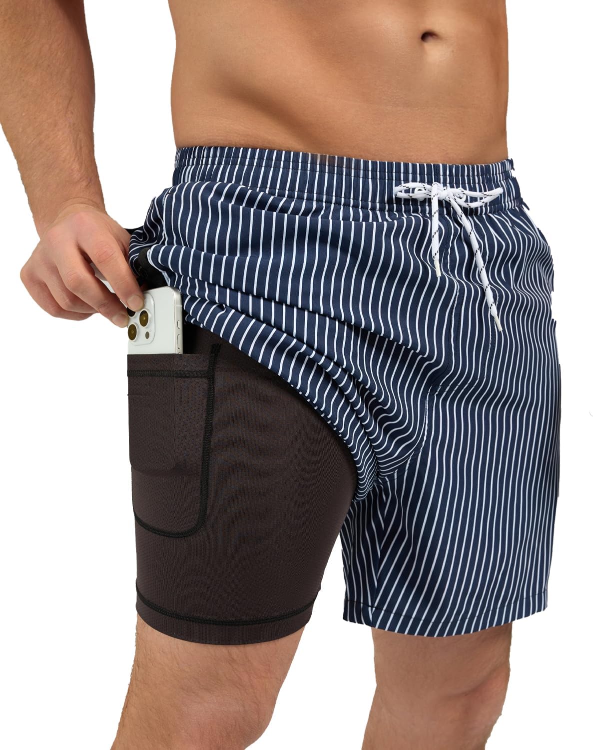 SILKWORLD Mens Swim Trunks with Compression Liner 2 in 1 Quick Dry Bathing Suit Beach Shorts with Zipper Pockets