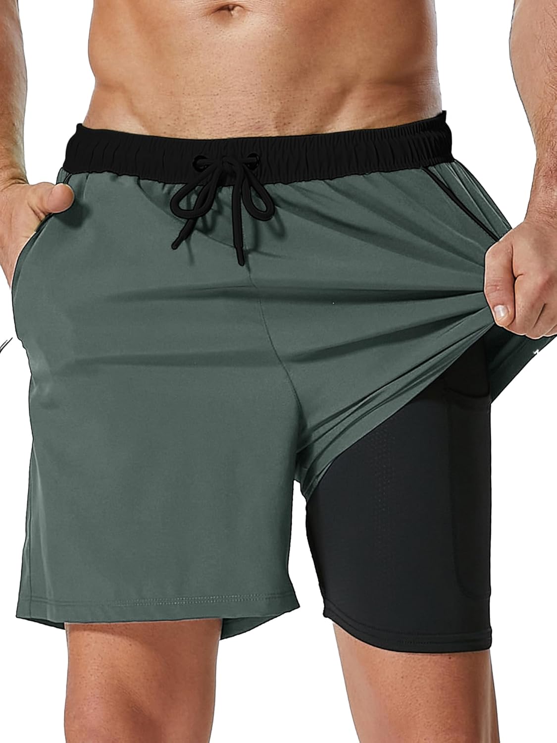 SILKWORLD Mens Swim Trunks with Compression Liner 2 in 1 Quick Dry Bathing Suit Beach Shorts with Zipper Pockets