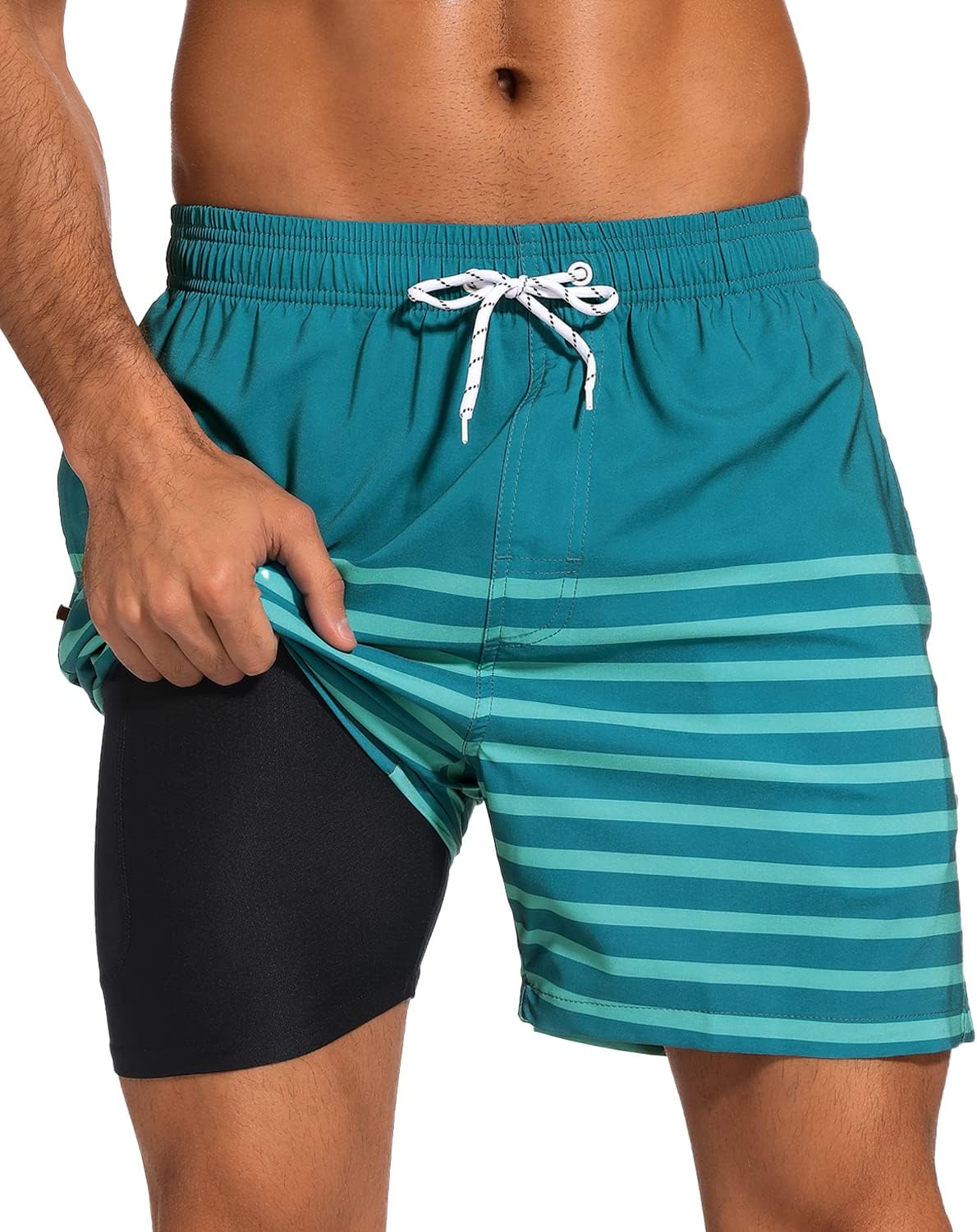 SILKWORLD Mens Swim Trunks with Compression Liner 2 in 1 Quick Dry Bathing Suit Beach Shorts with Zipper Pockets