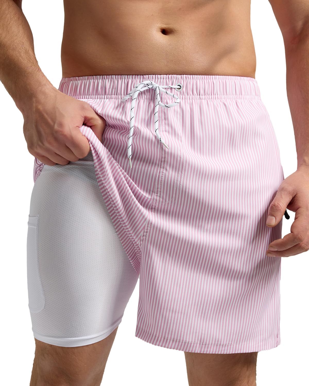 SILKWORLD Mens Swim Trunks with Compression Liner 2 in 1 Quick Dry Bathing Suit Beach Shorts with Zipper Pockets