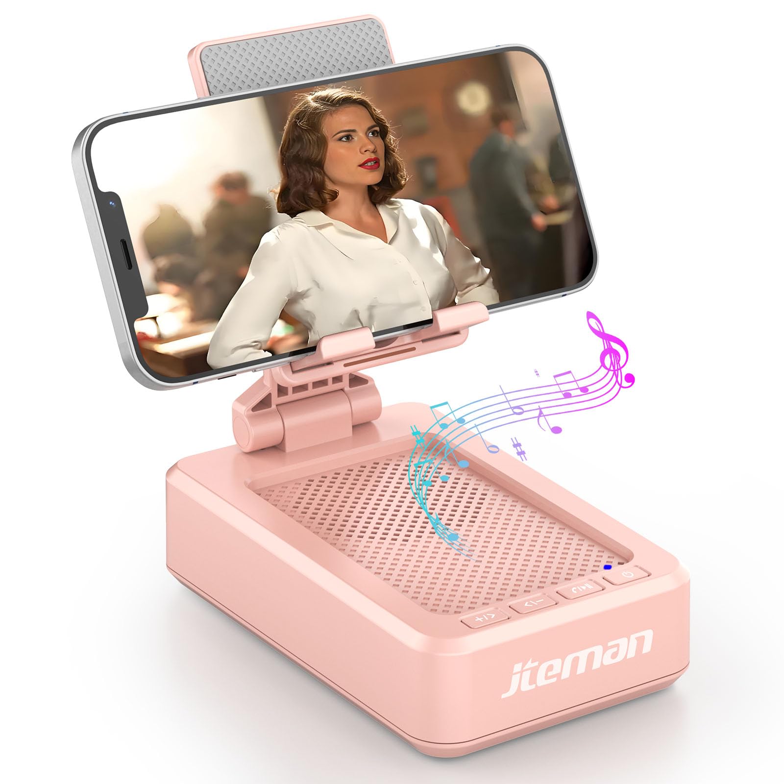 JTEMAN Cell Phone Stand with Bluetooth Speaker, HD Stereo Sound & Anti-Slip Base, Foldable Adjustable Desktop Phone Holder for Home Office, Cool Tech Gadgets Birthday Gifts for Men Women (Black)