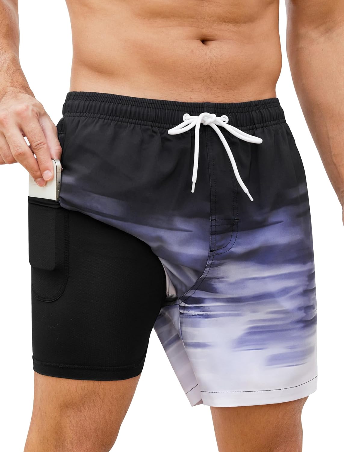 SILKWORLD Mens Swim Trunks with Compression Liner 2 in 1 Quick Dry Bathing Suit Beach Shorts with Zipper Pockets