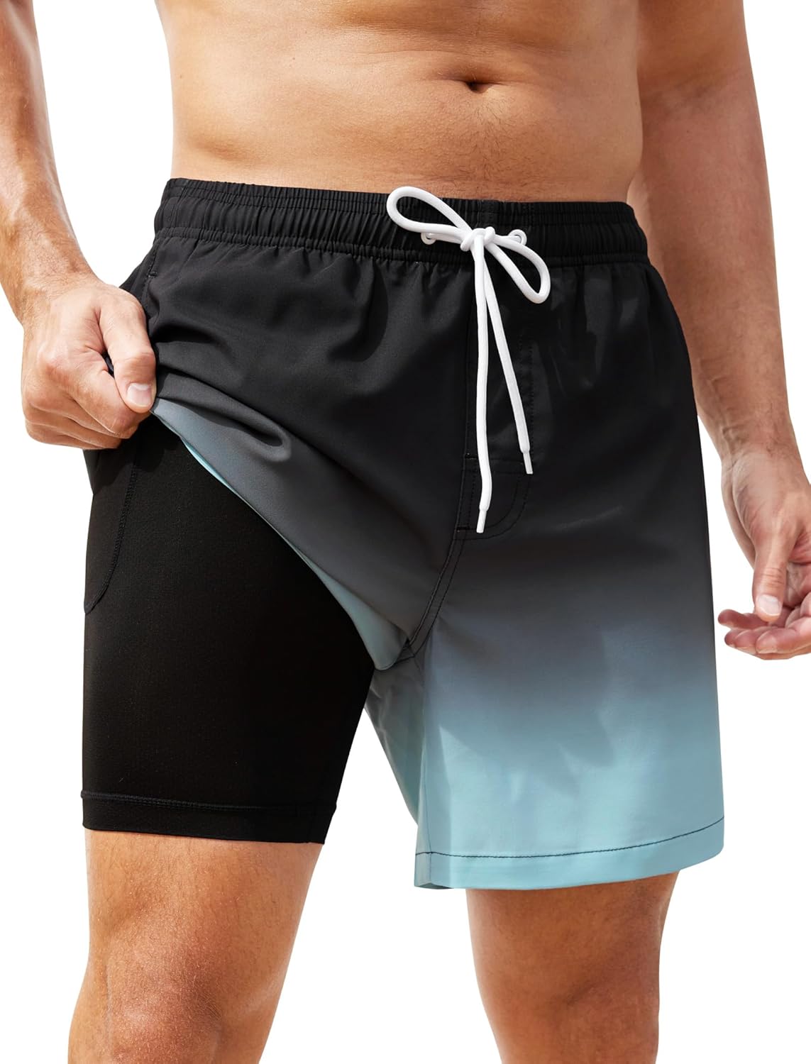SILKWORLD Mens Swim Trunks with Compression Liner 2 in 1 Quick Dry Bathing Suit Beach Shorts with Zipper Pockets