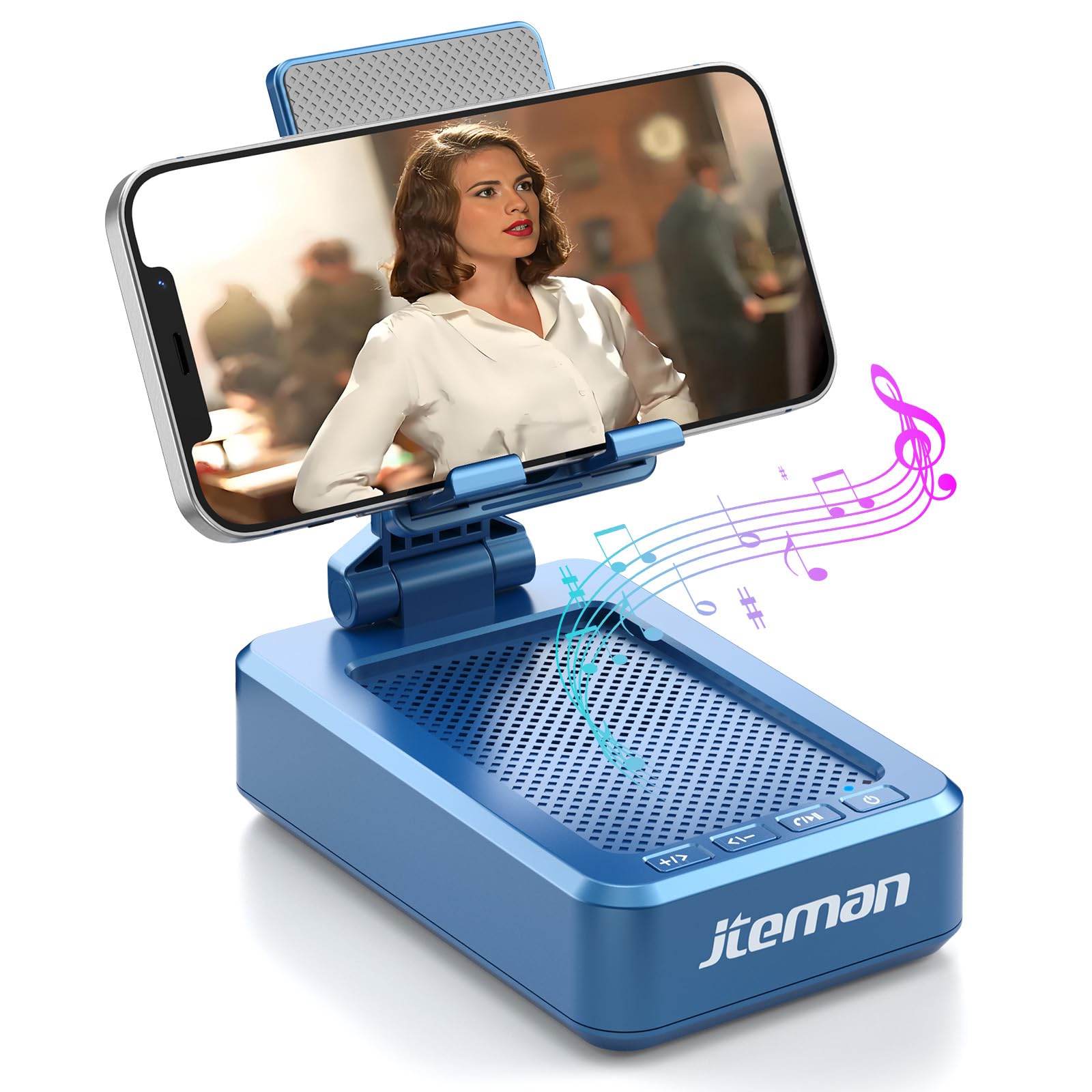 JTEMAN Cell Phone Stand with Bluetooth Speaker, HD Stereo Sound & Anti-Slip Base, Foldable Adjustable Desktop Phone Holder for Home Office, Cool Tech Gadgets Birthday Gifts for Men Women (Black)