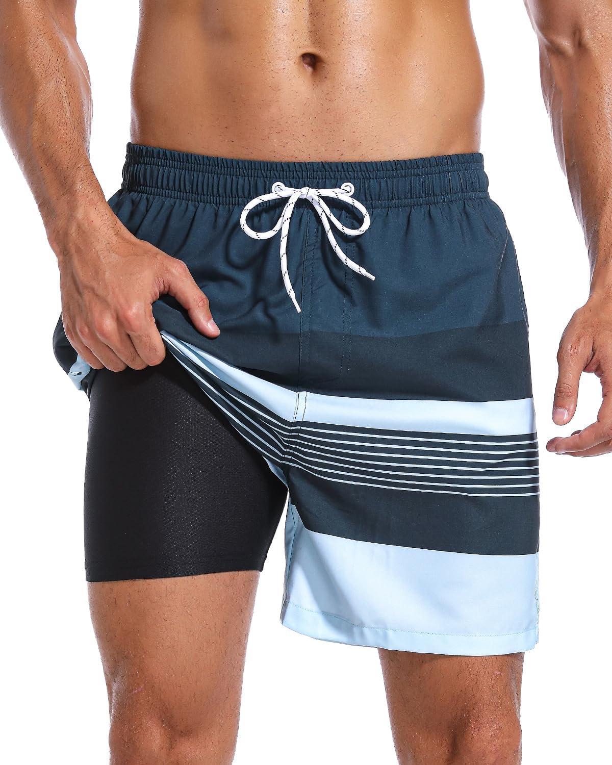 SILKWORLD Mens Swim Trunks with Compression Liner 2 in 1 Quick Dry Bathing Suit Beach Shorts with Zipper Pockets
