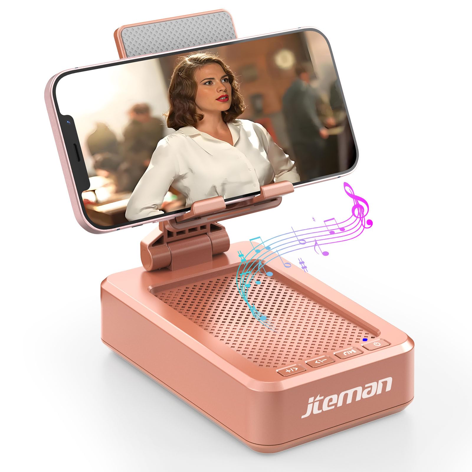 JTEMAN Cell Phone Stand with Bluetooth Speaker, HD Stereo Sound & Anti-Slip Base, Foldable Adjustable Desktop Phone Holder for Home Office, Cool Tech Gadgets Birthday Gifts for Men Women (Black)
