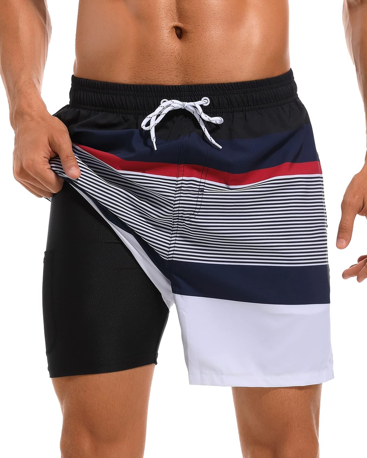 SILKWORLD Mens Swim Trunks with Compression Liner 2 in 1 Quick Dry Bathing Suit Beach Shorts with Zipper Pockets