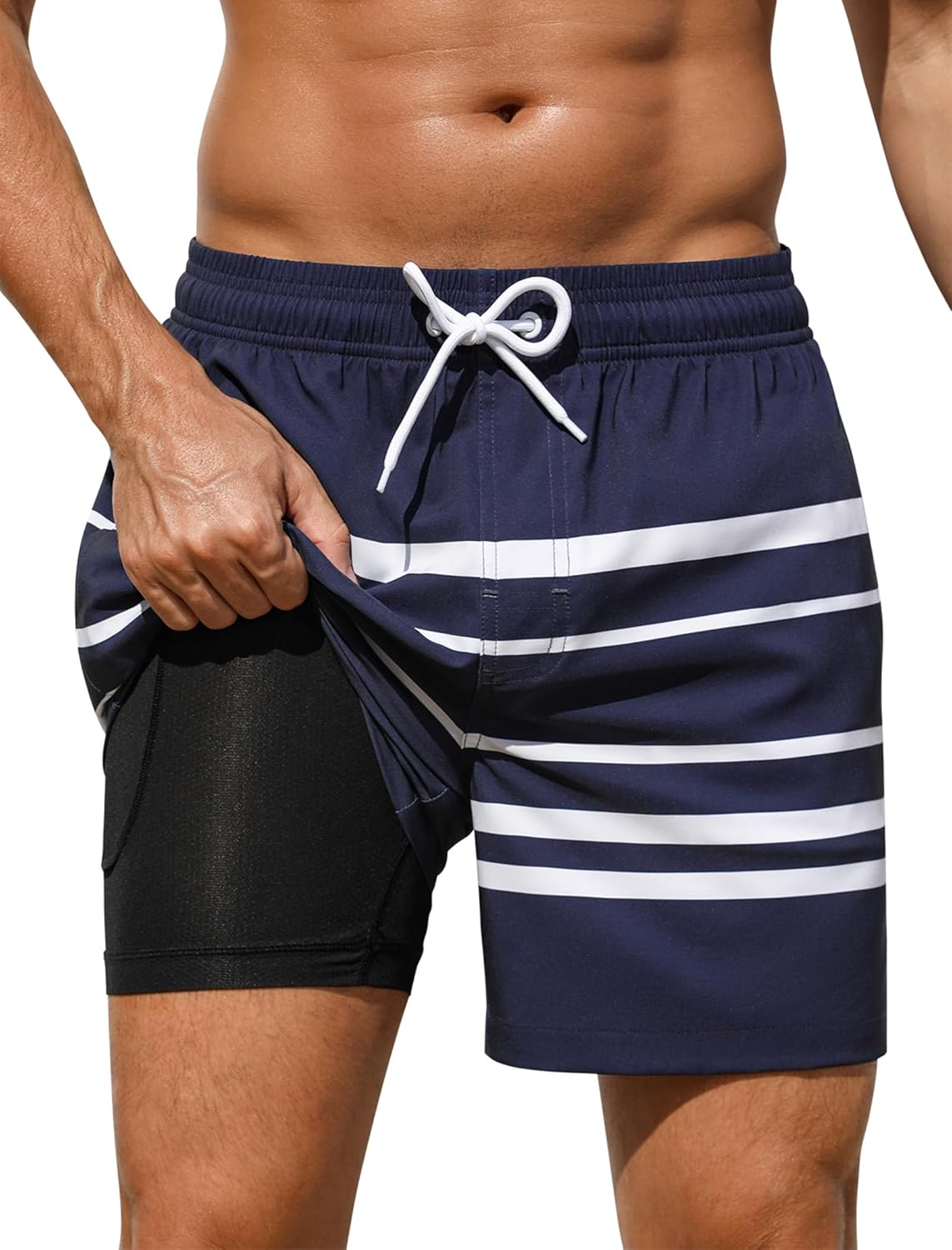 SILKWORLD Mens Swim Trunks with Compression Liner 2 in 1 Quick Dry Bathing Suit Beach Shorts with Zipper Pockets