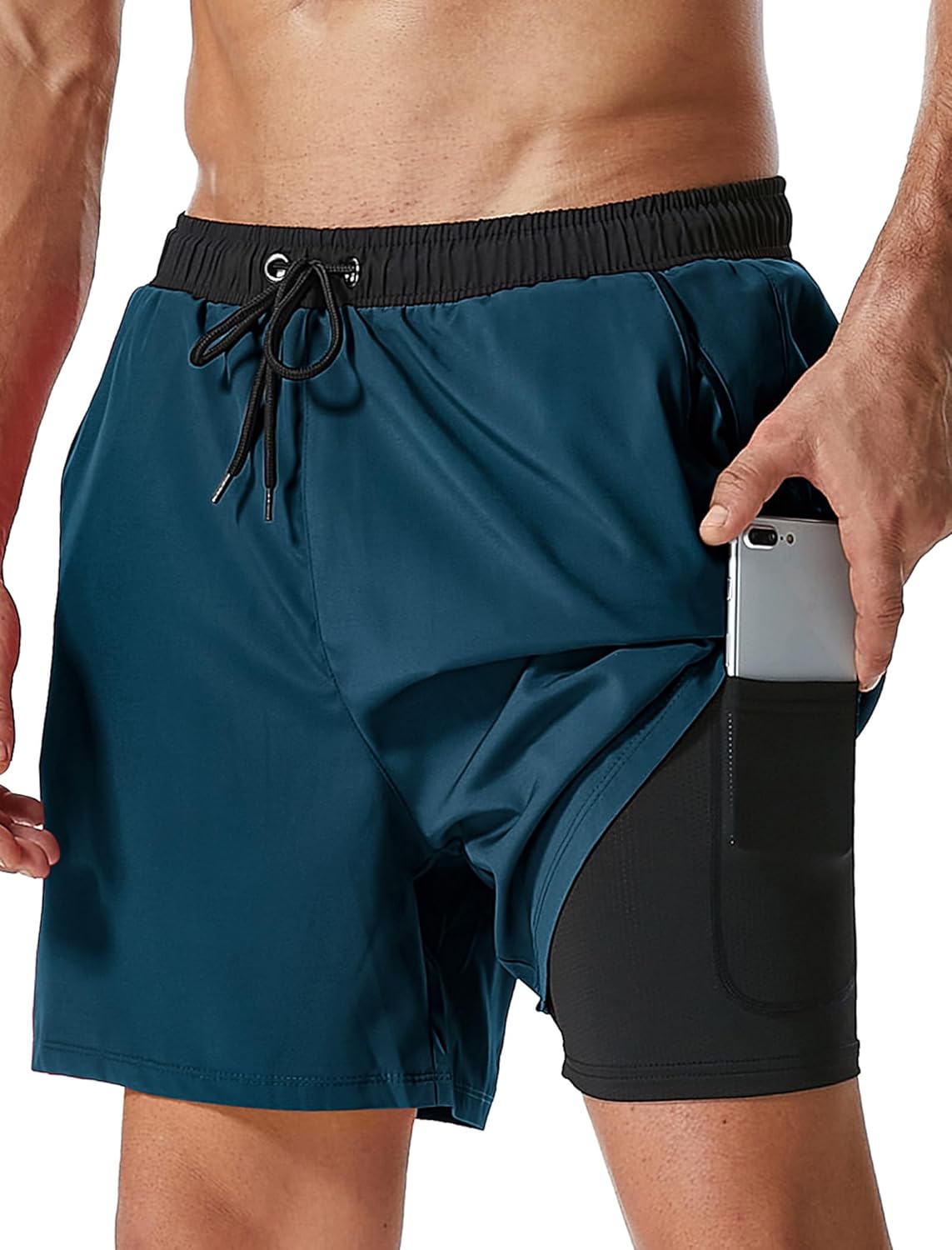 SILKWORLD Mens Swim Trunks with Compression Liner 2 in 1 Quick Dry Bathing Suit Beach Shorts with Zipper Pockets