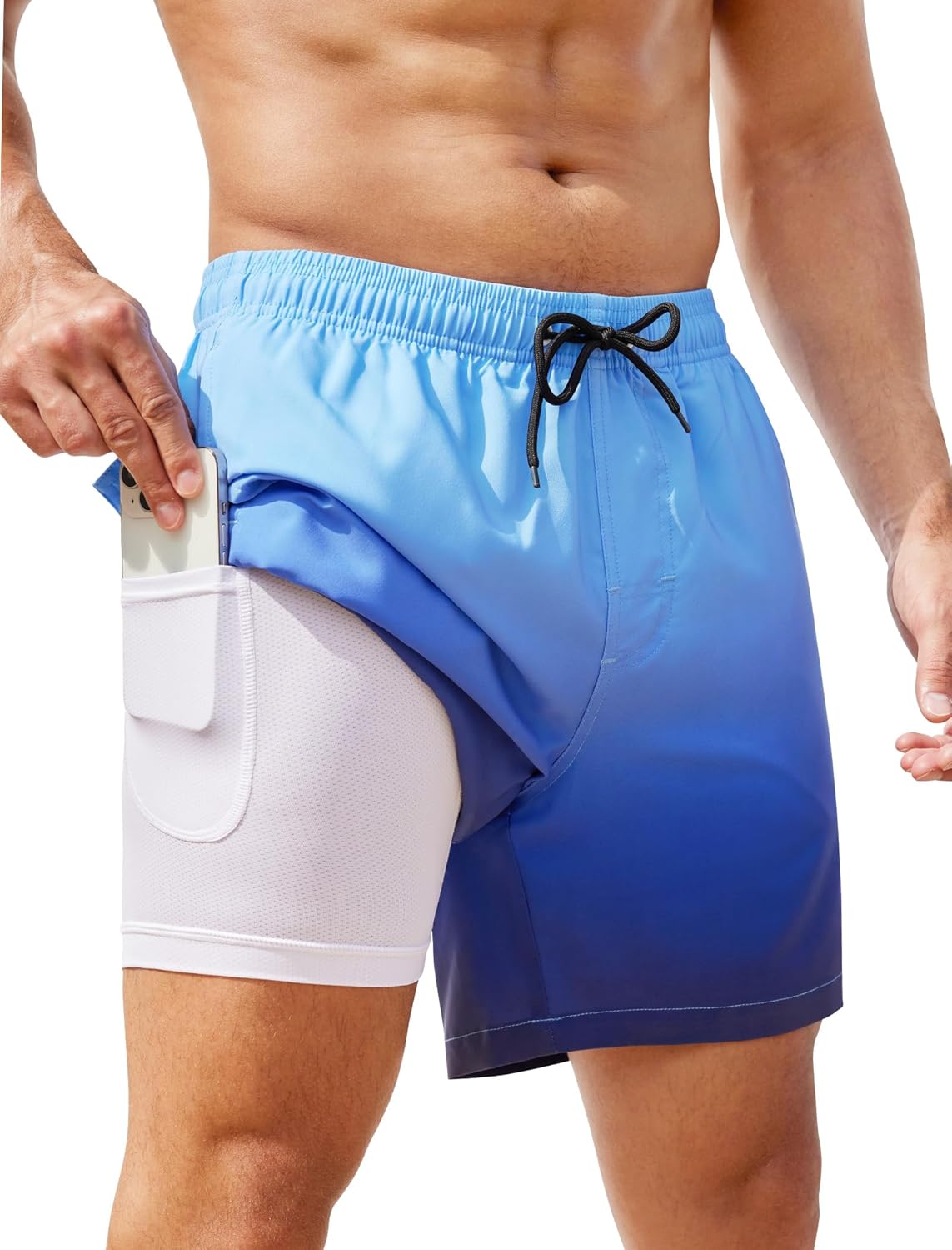 SILKWORLD Mens Swim Trunks with Compression Liner 2 in 1 Quick Dry Bathing Suit Beach Shorts with Zipper Pockets