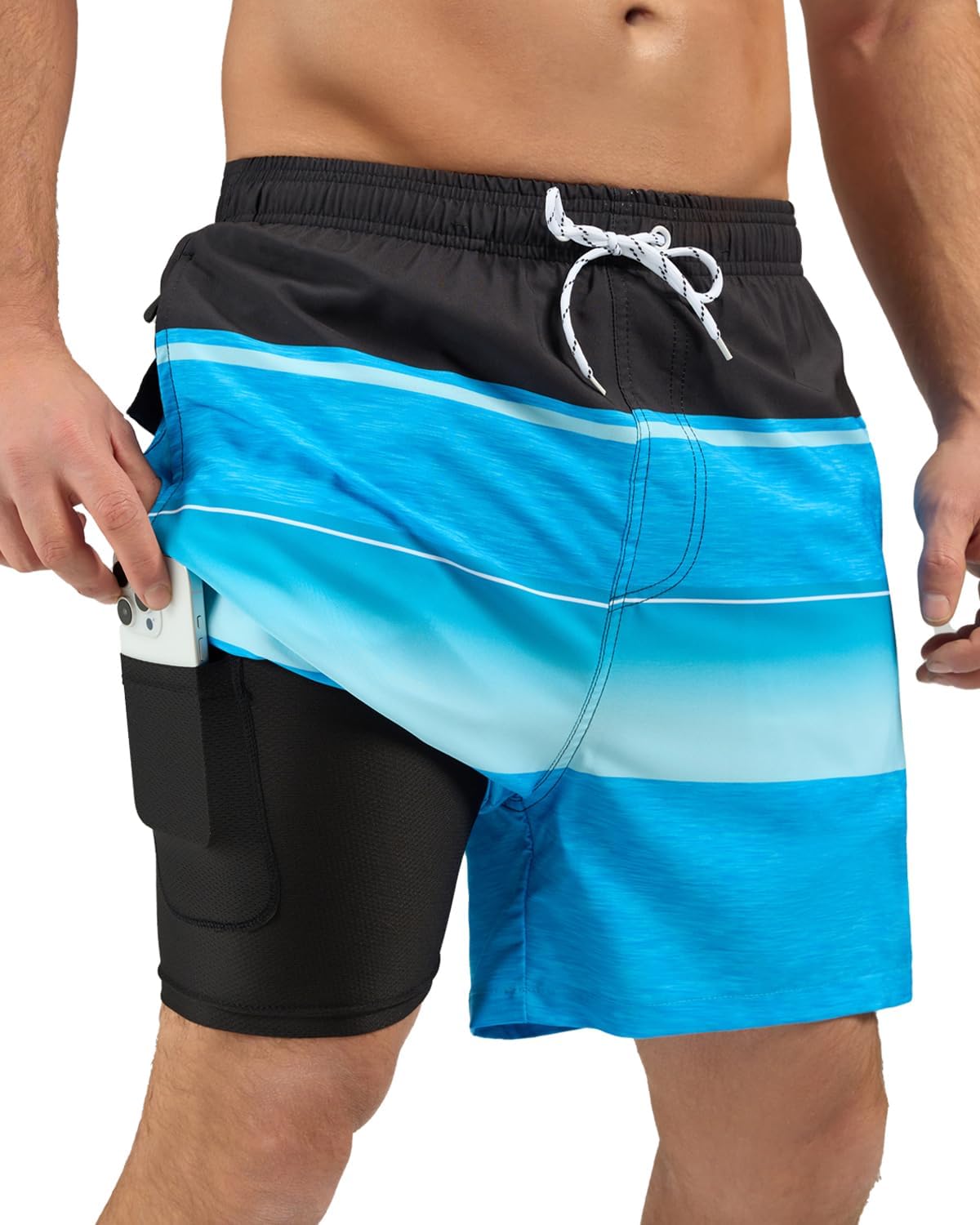 SILKWORLD Mens Swim Trunks with Compression Liner 2 in 1 Quick Dry Bathing Suit Beach Shorts with Zipper Pockets