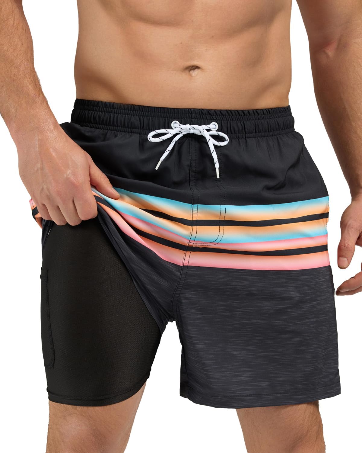 SILKWORLD Mens Swim Trunks with Compression Liner 2 in 1 Quick Dry Bathing Suit Beach Shorts with Zipper Pockets