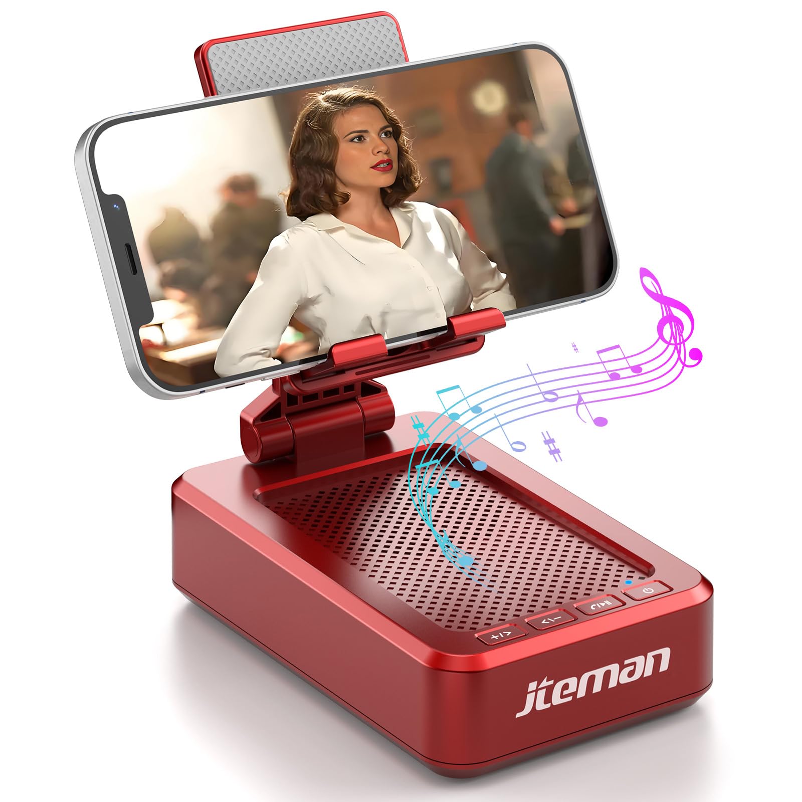 JTEMAN Cell Phone Stand with Bluetooth Speaker, HD Stereo Sound & Anti-Slip Base, Foldable Adjustable Desktop Phone Holder for Home Office, Cool Tech Gadgets Birthday Gifts for Men Women (Black)