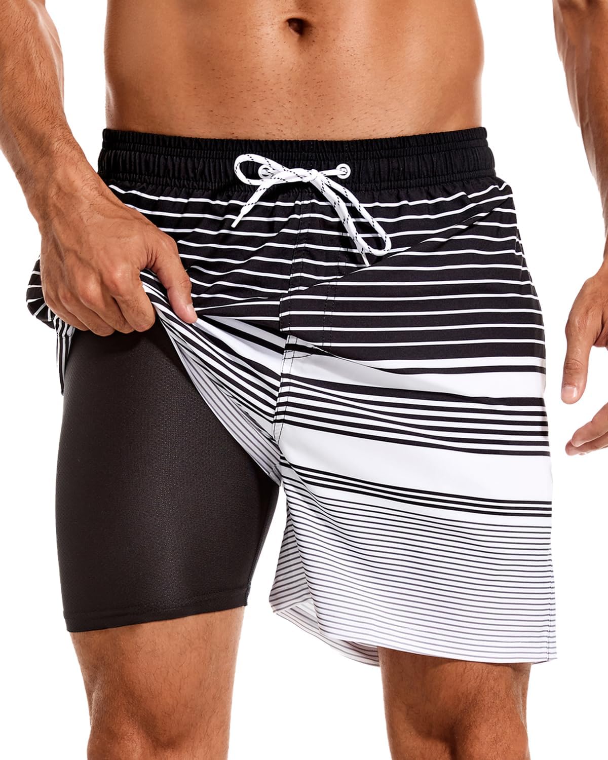 SILKWORLD Mens Swim Trunks with Compression Liner 2 in 1 Quick Dry Bathing Suit Beach Shorts with Zipper Pockets