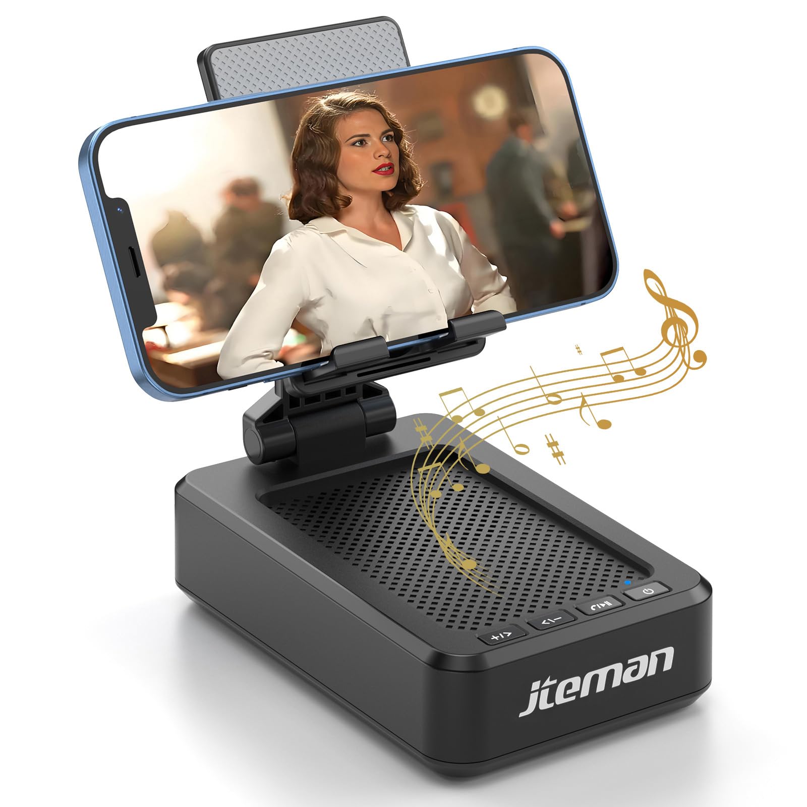 JTEMAN Cell Phone Stand with Bluetooth Speaker, HD Stereo Sound & Anti-Slip Base, Foldable Adjustable Desktop Phone Holder for Home Office, Cool Tech Gadgets Birthday Gifts for Men Women (Black)