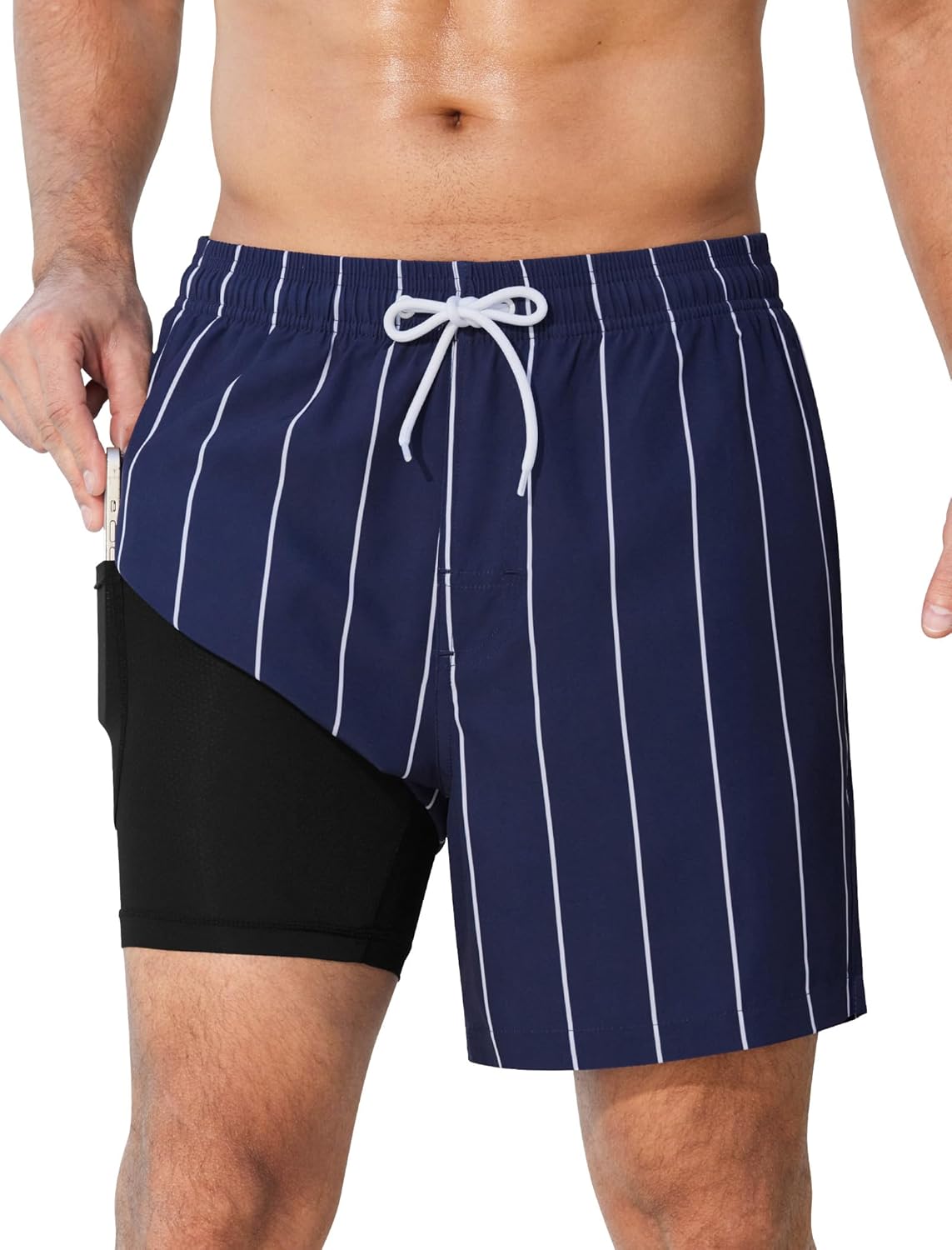 SILKWORLD Mens Swim Trunks with Compression Liner 2 in 1 Quick Dry Bathing Suit Beach Shorts with Zipper Pockets