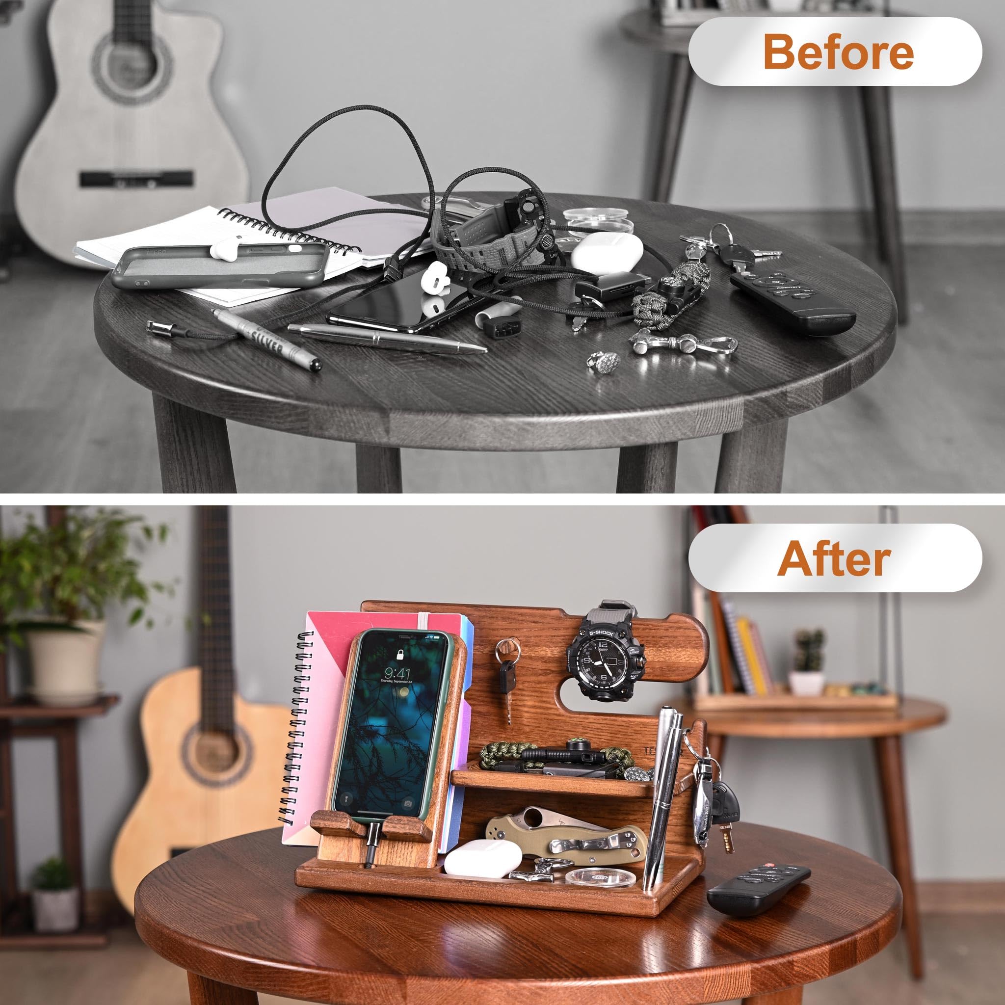 TESLYAR Wood Phone Docking Station for Men - Desk or Nightstand Organizer - Birthday Gifts for Husband, Dad - Anniversary Idea from Wife - Key Holder, Stand Wallet, Watch & Essentials (Bourbon Brown)