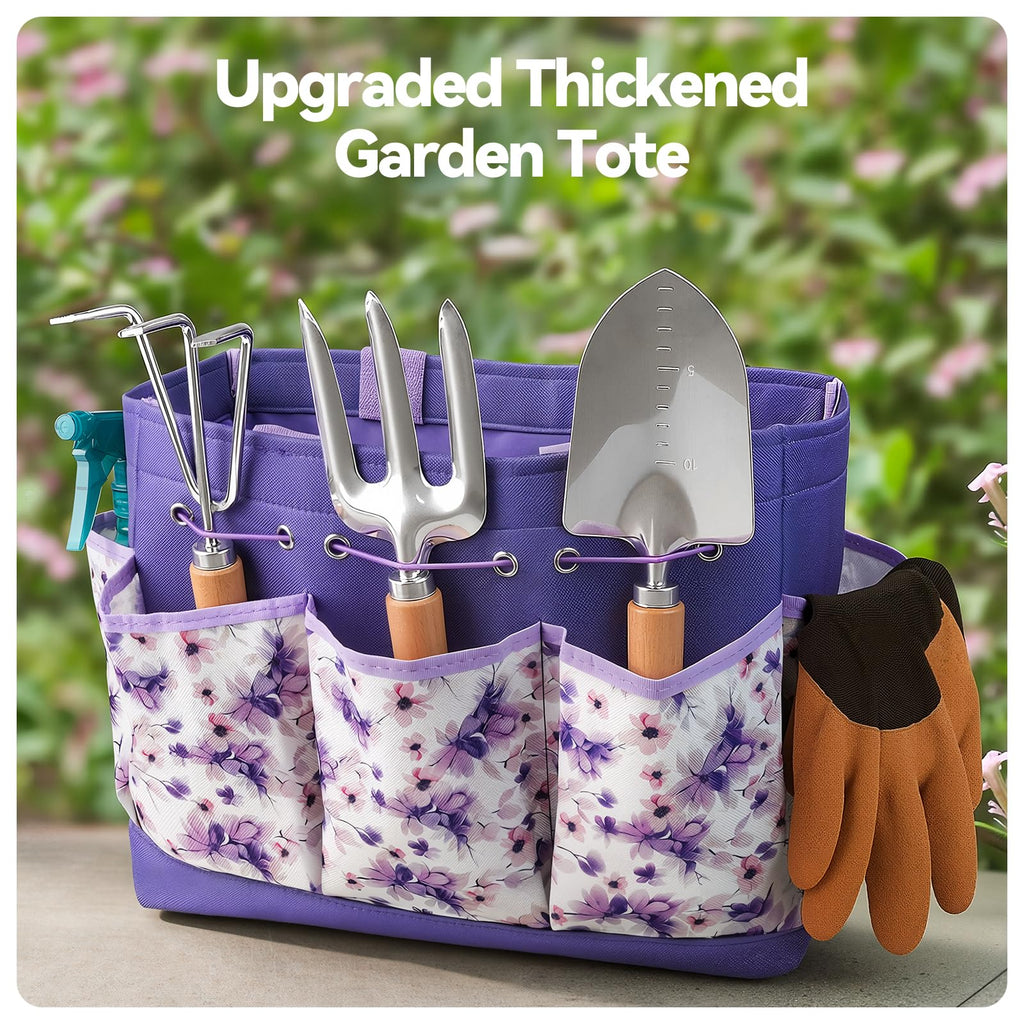 Grenebo Gardening Tools 9-Piece Heavy Duty Garden Hand Tools with Fashion and Durable Garden Tools Organizer Handbag, Rust-Proof Garden Tool Set, Ideal Gardening Gifts for Women