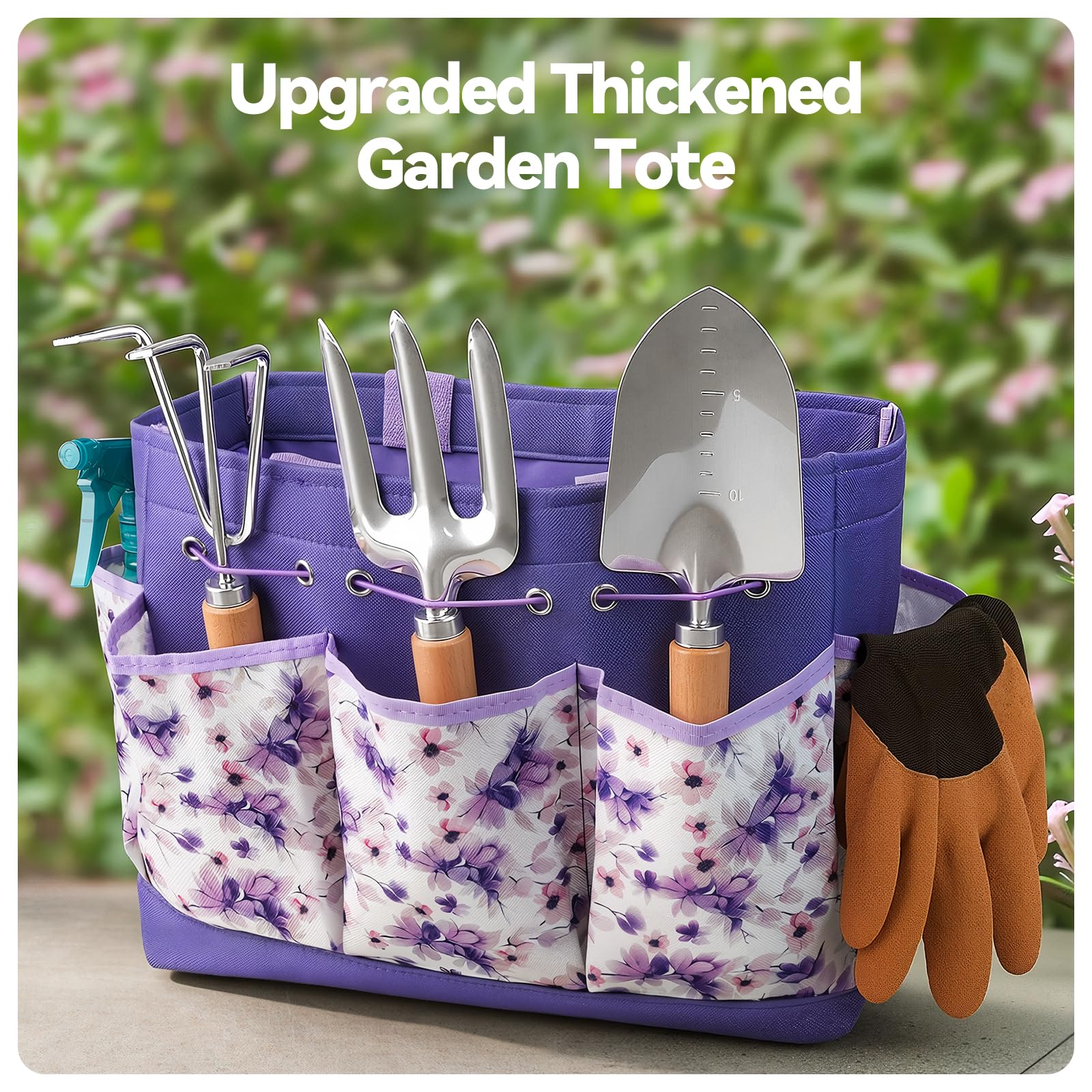 Grenebo Gardening Tools 9-Piece Heavy Duty Garden Hand Tools with Fashion and Durable Garden Tools Organizer Handbag, Rust-Proof Garden Tool Set, Ideal Gardening Gifts for Women