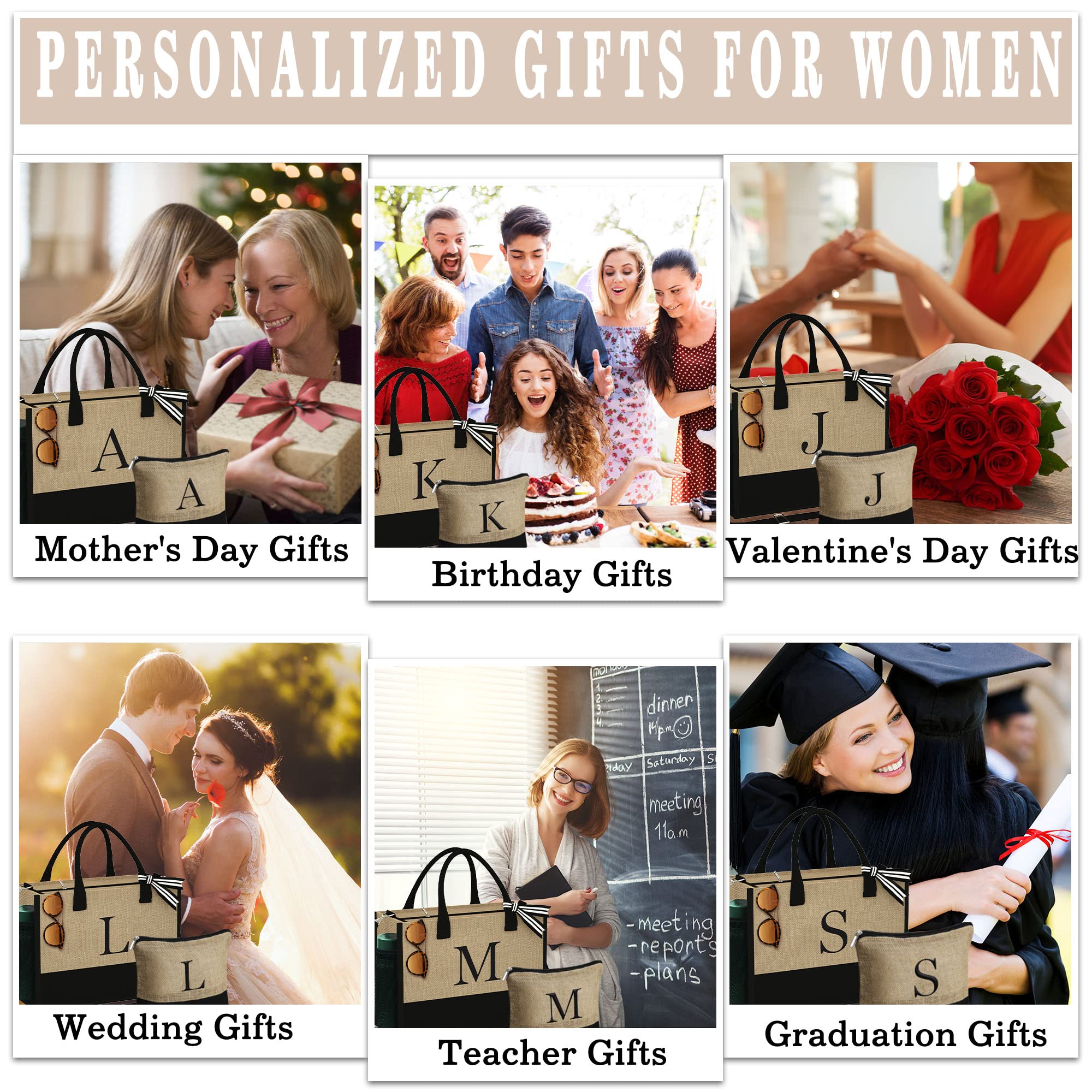 YOOLIFE Mothers Day Gifts for Women - Initial Jute Tote Bag & Makeup Bag, Birthday Gifts for Women Mom Wife Teacher Friend