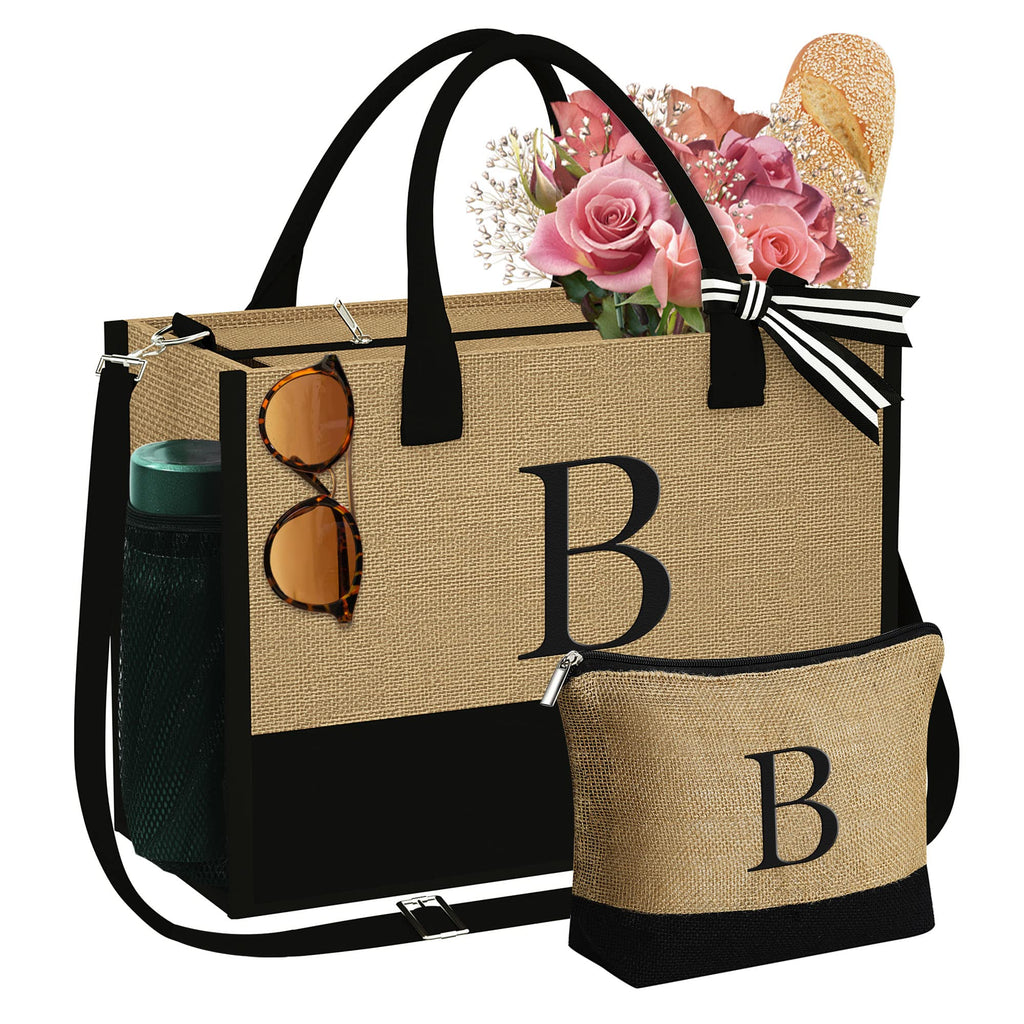 YOOLIFE Mothers Day Gifts for Women - Initial Jute Tote Bag & Makeup Bag, Birthday Gifts for Women Mom Wife Teacher Friend
