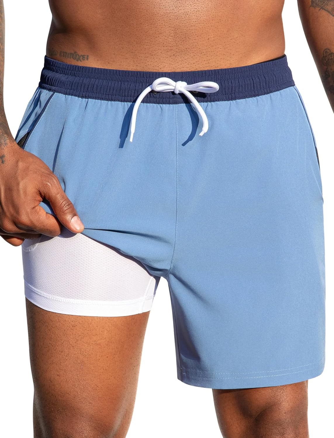 SILKWORLD Mens Swim Trunks with Compression Liner 2 in 1 Quick Dry Bathing Suit Beach Shorts with Zipper Pockets