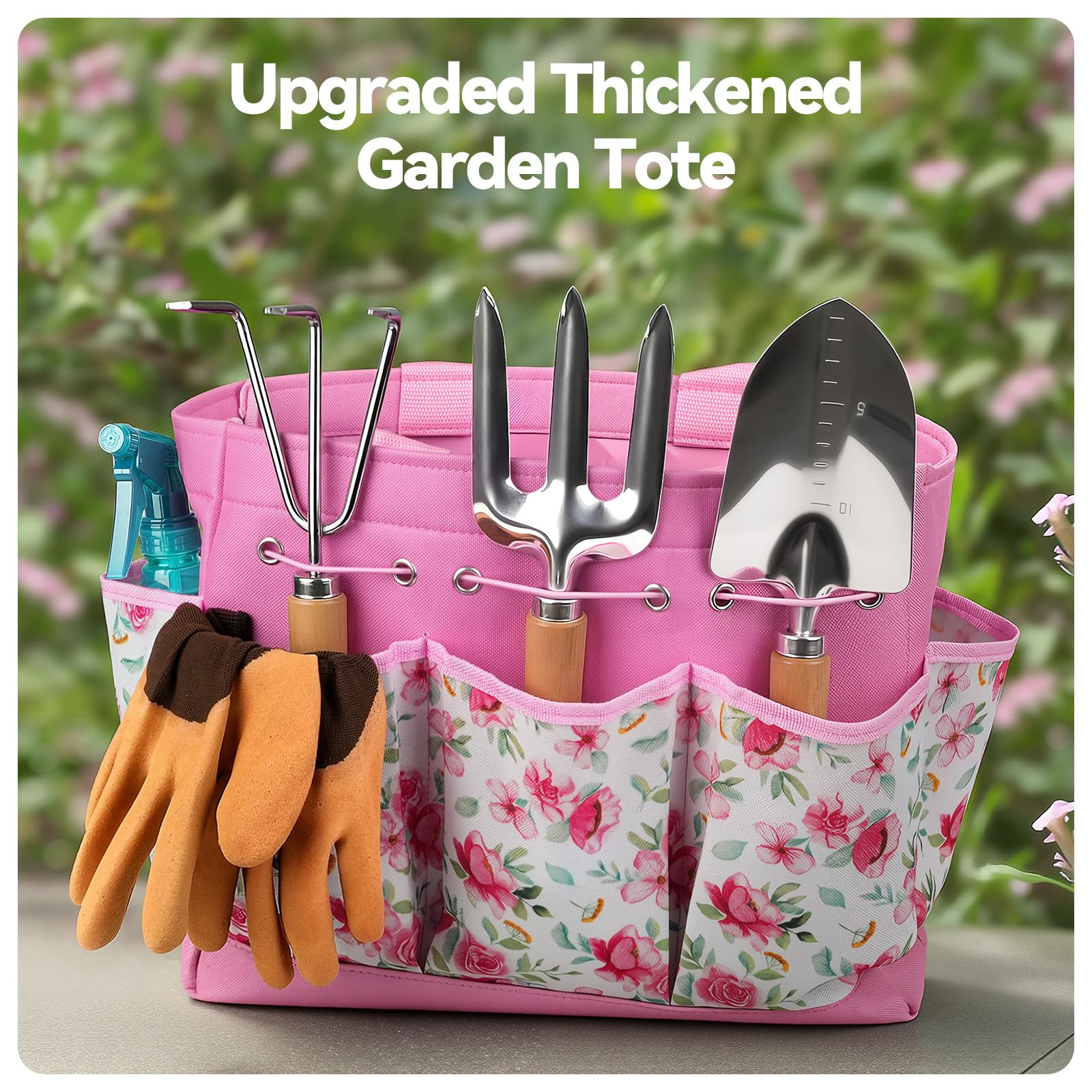 Grenebo Gardening Tools 9-Piece Heavy Duty Garden Hand Tools with Fashion and Durable Garden Tools Organizer Handbag, Rust-Proof Garden Tool Set, Ideal Gardening Gifts for Women
