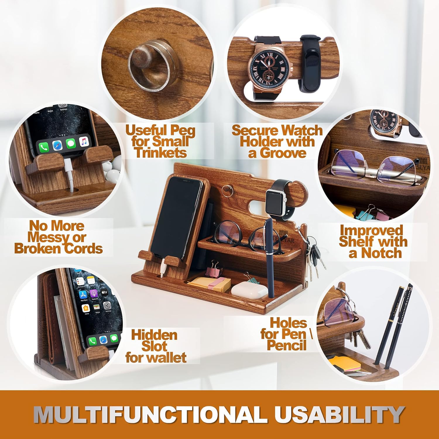 TESLYAR Wood Phone Docking Station for Men - Desk or Nightstand Organizer - Birthday Gifts for Husband, Dad - Anniversary Idea from Wife - Key Holder, Stand Wallet, Watch & Essentials (Bourbon Brown)
