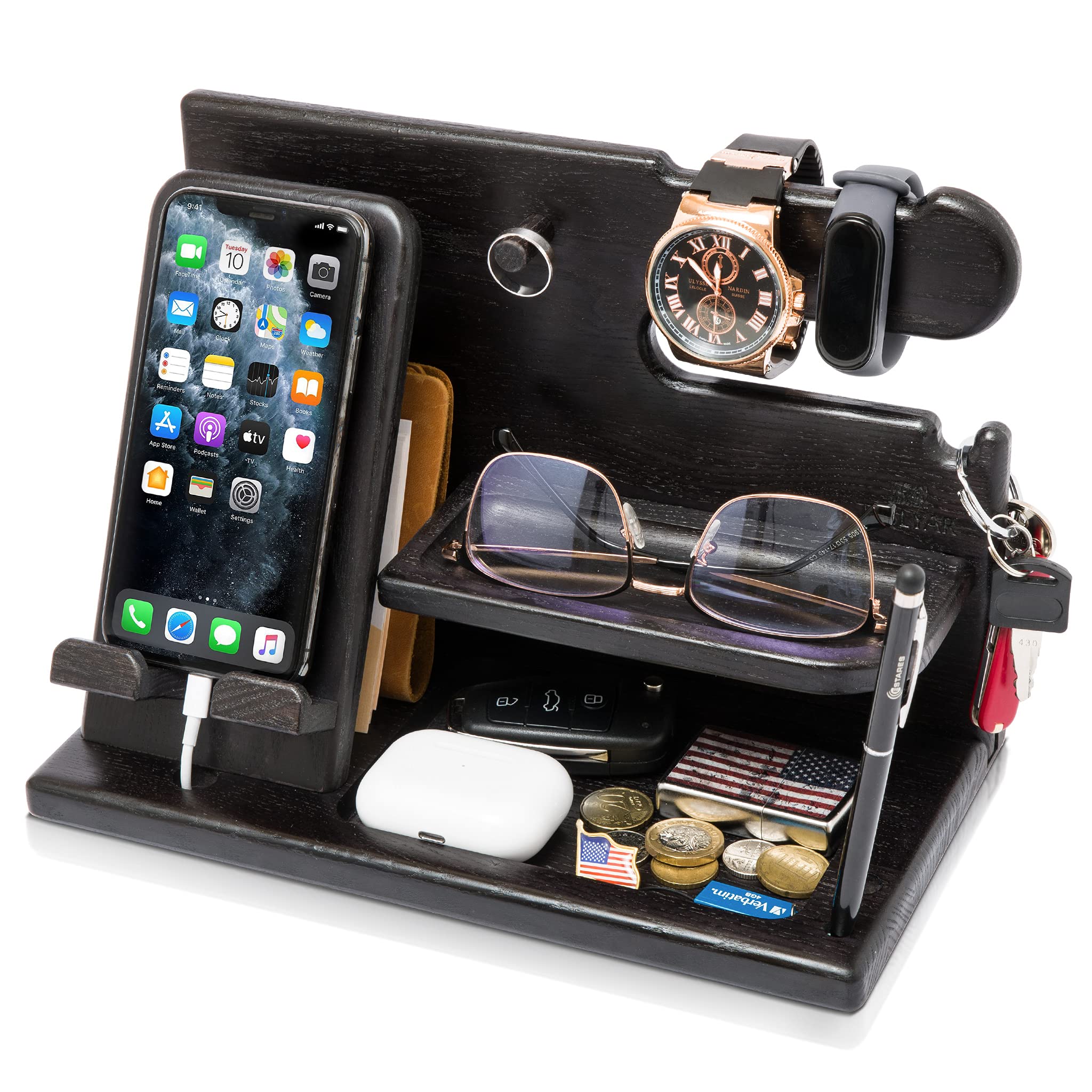 TESLYAR Wood Phone Docking Station for Men - Desk or Nightstand Organizer - Birthday Gifts for Husband, Dad - Anniversary Idea from Wife - Key Holder, Stand Wallet, Watch & Essentials (Bourbon Brown)