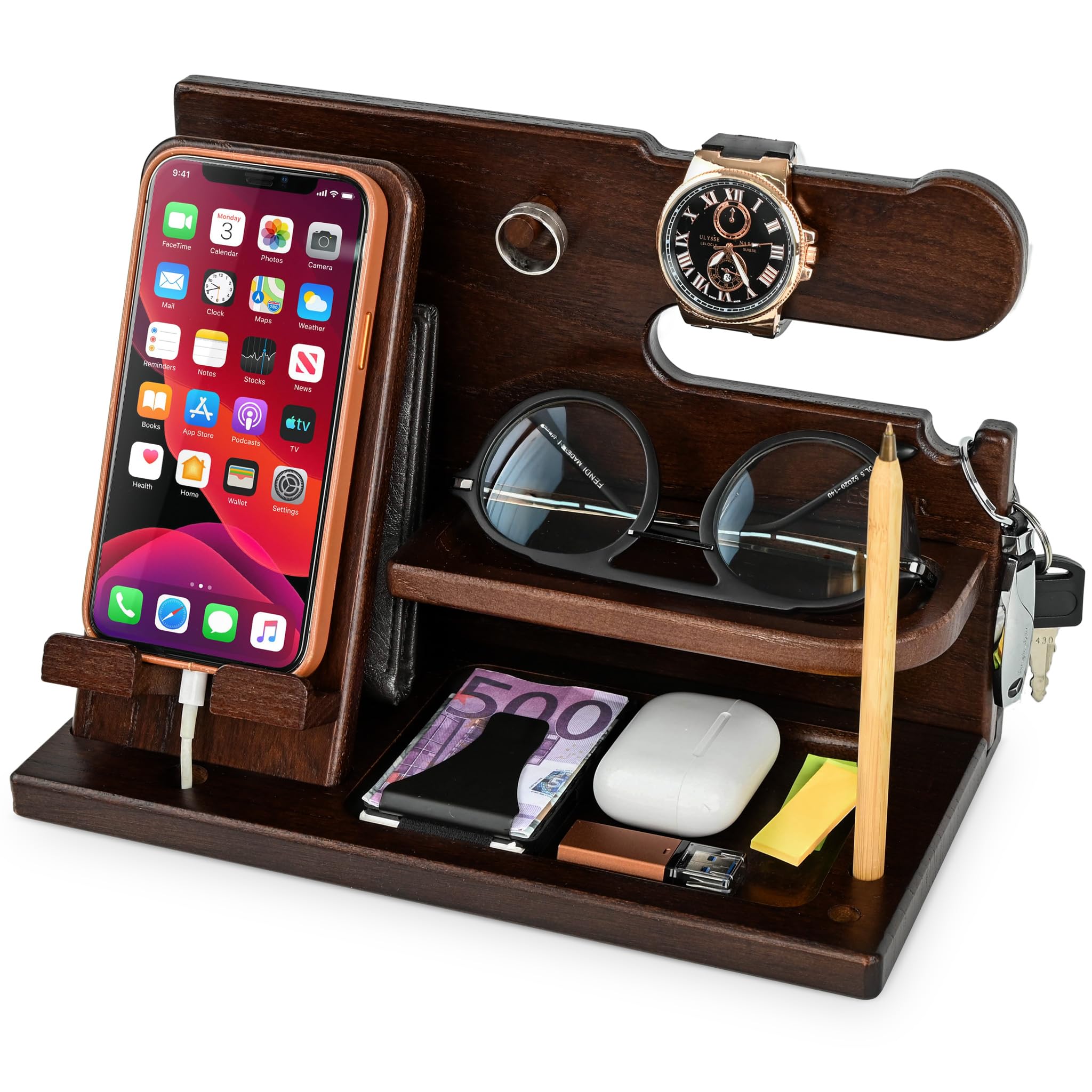 TESLYAR Wood Phone Docking Station for Men - Desk or Nightstand Organizer - Birthday Gifts for Husband, Dad - Anniversary Idea from Wife - Key Holder, Stand Wallet, Watch & Essentials (Bourbon Brown)