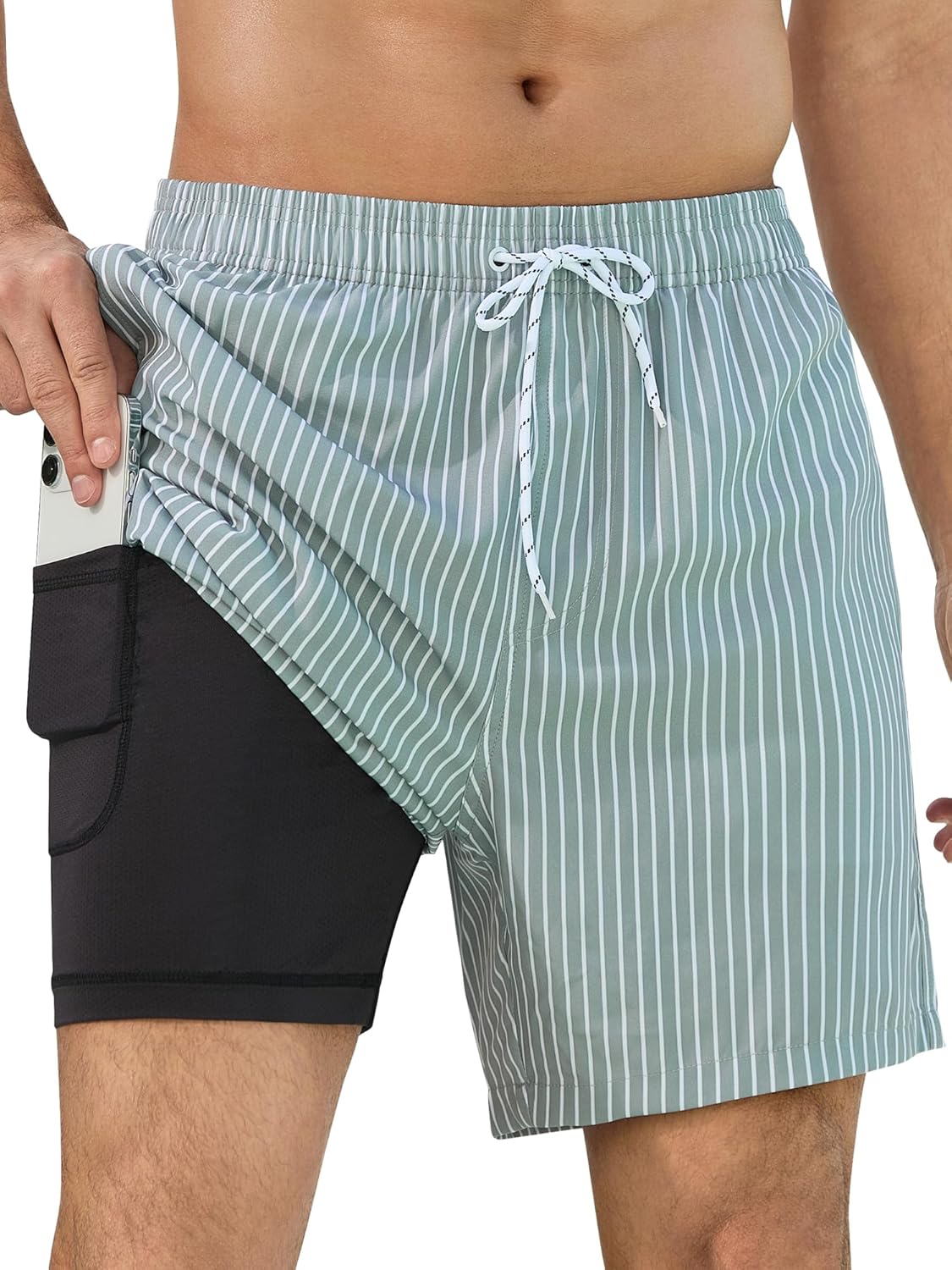 SILKWORLD Mens Swim Trunks with Compression Liner 2 in 1 Quick Dry Bathing Suit Beach Shorts with Zipper Pockets