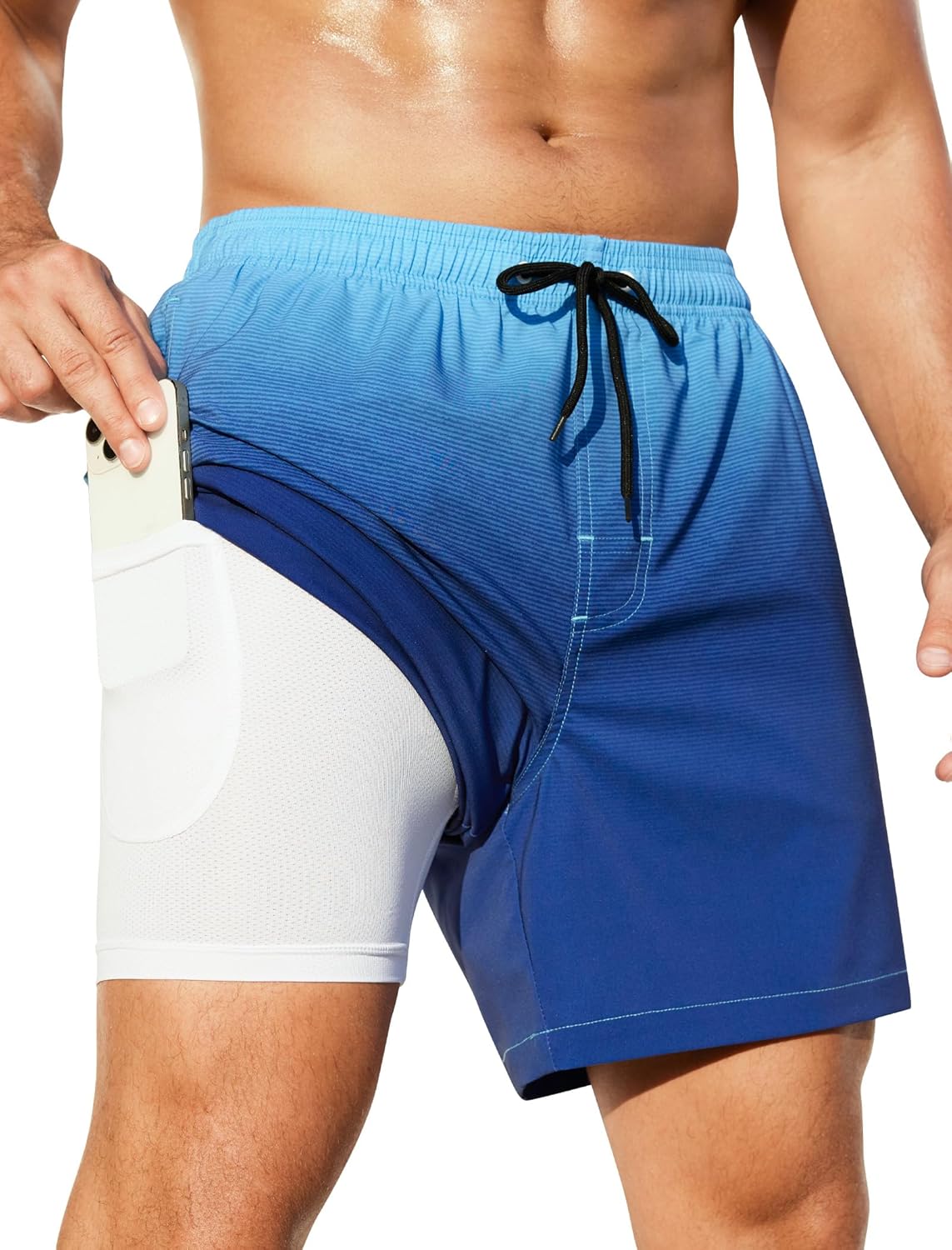 SILKWORLD Mens Swim Trunks with Compression Liner 2 in 1 Quick Dry Bathing Suit Beach Shorts with Zipper Pockets