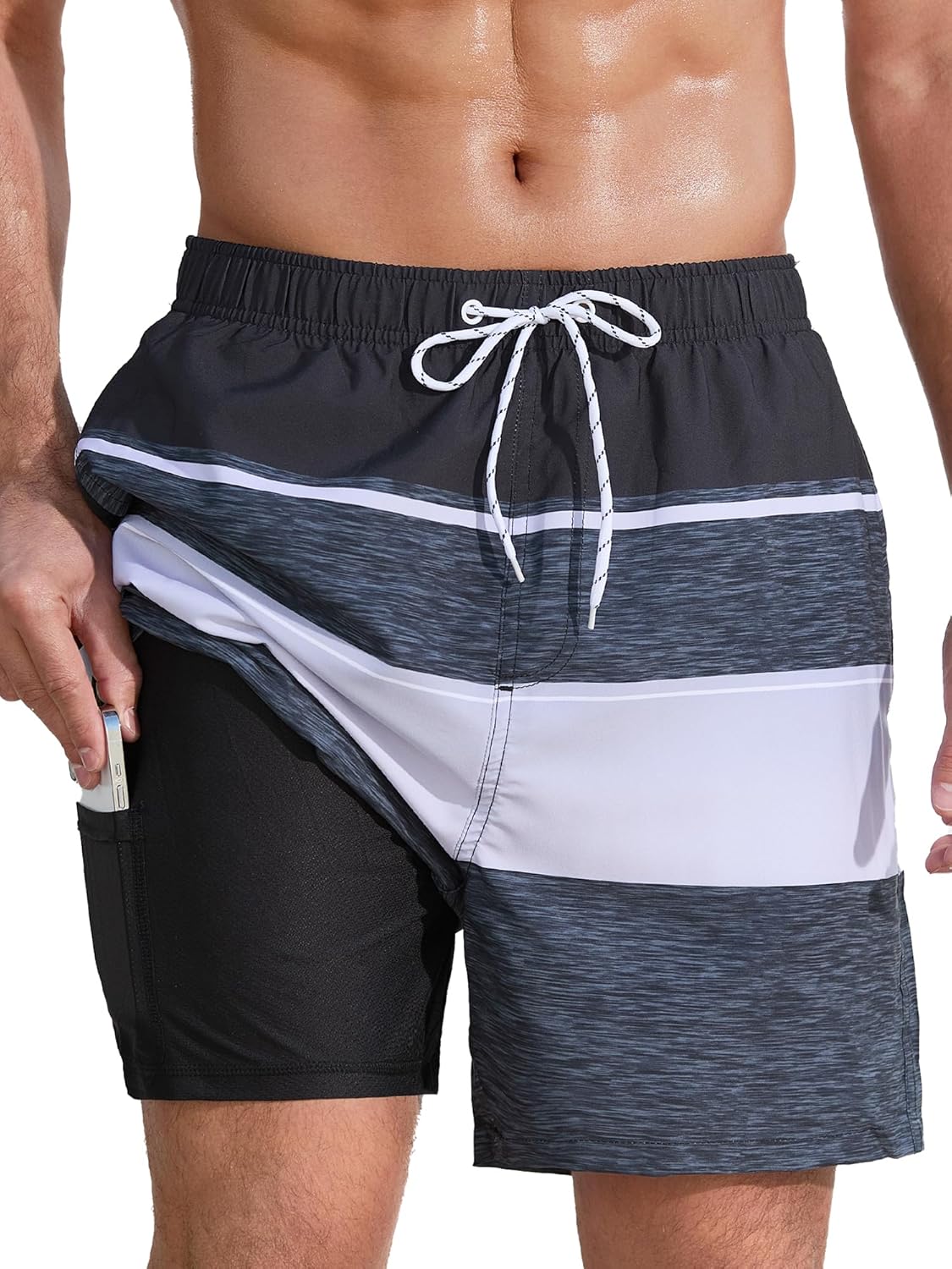 SILKWORLD Mens Swim Trunks with Compression Liner 2 in 1 Quick Dry Bathing Suit Beach Shorts with Zipper Pockets
