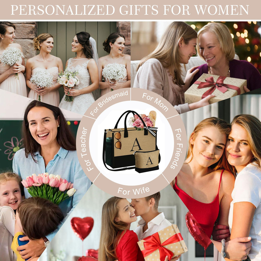 YOOLIFE Mothers Day Gifts for Women - Initial Jute Tote Bag & Makeup Bag, Birthday Gifts for Women Mom Wife Teacher Friend