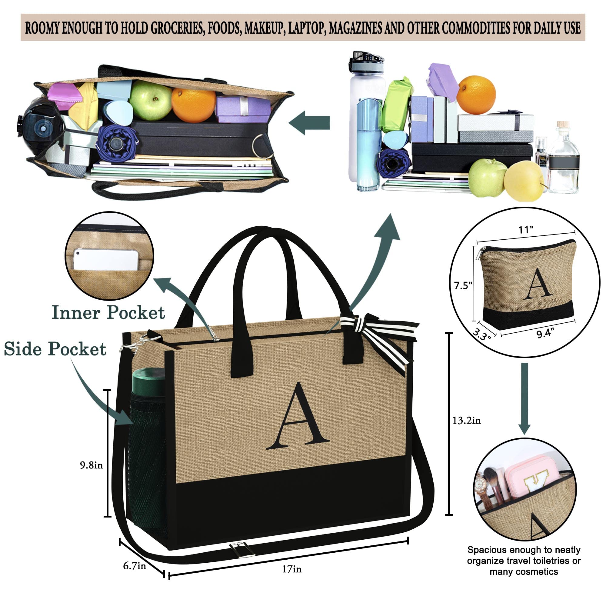 YOOLIFE Mothers Day Gifts for Women - Initial Jute Tote Bag & Makeup Bag, Birthday Gifts for Women Mom Wife Teacher Friend