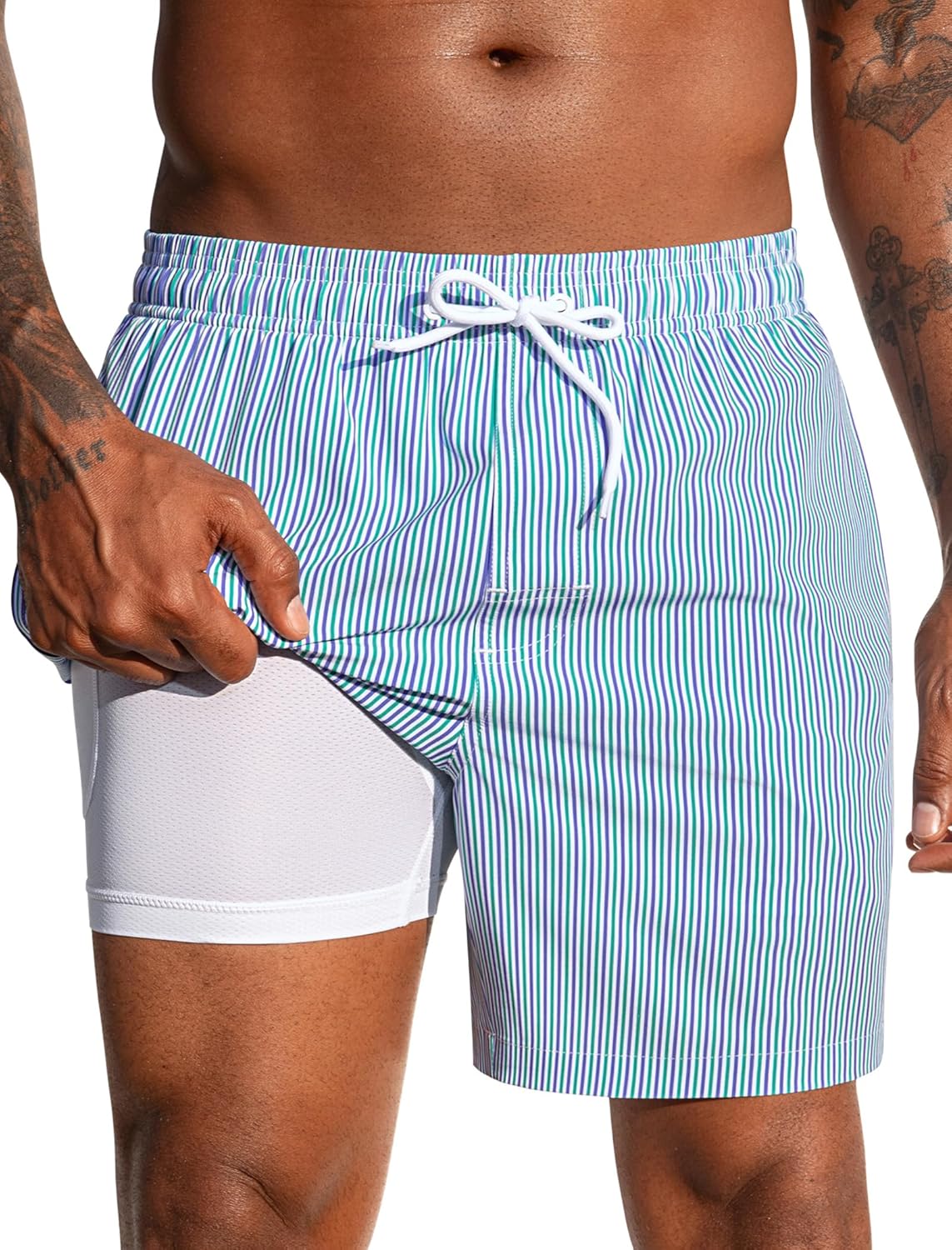 SILKWORLD Mens Swim Trunks with Compression Liner 2 in 1 Quick Dry Bathing Suit Beach Shorts with Zipper Pockets