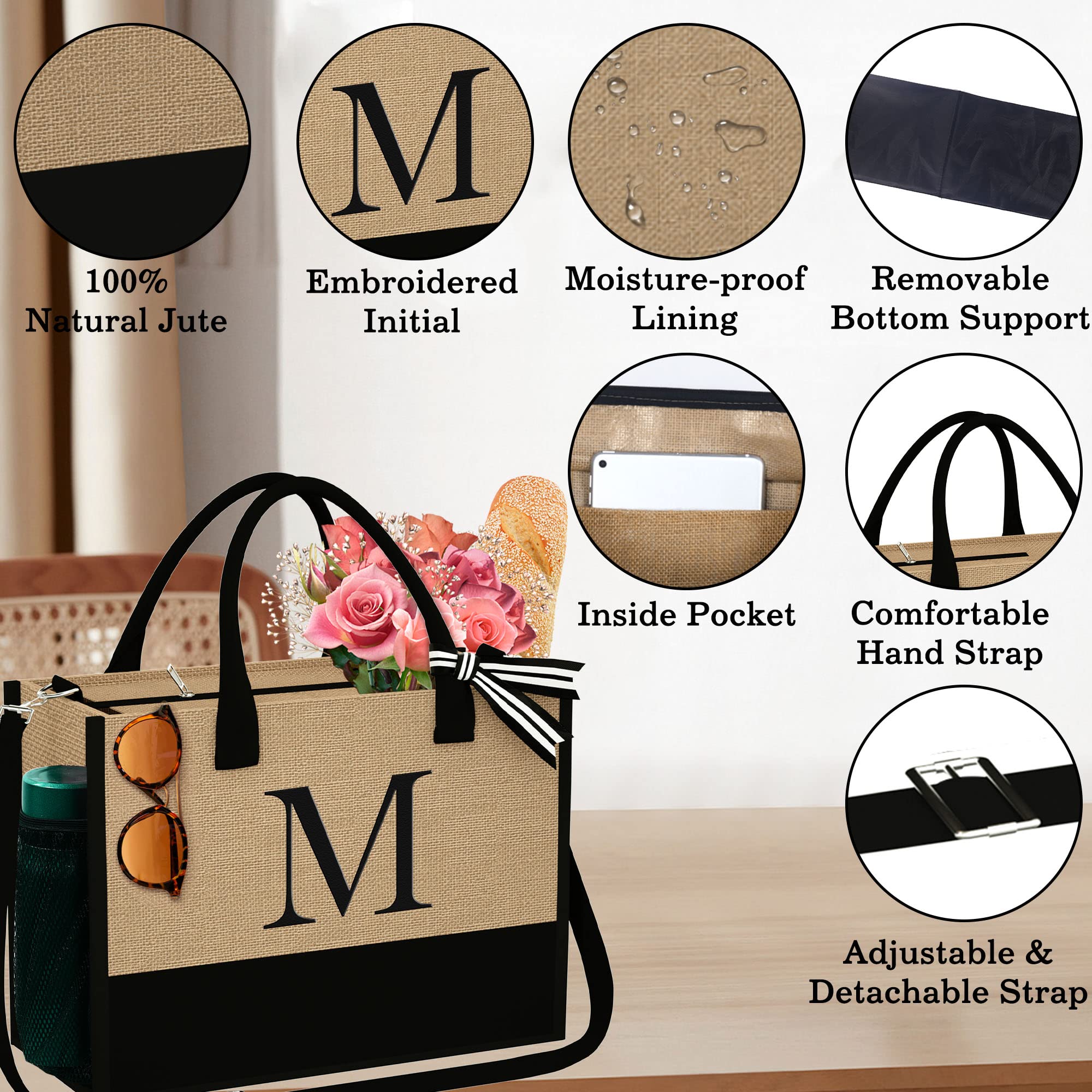 YOOLIFE Mothers Day Gifts for Women - Initial Jute Tote Bag & Makeup Bag, Birthday Gifts for Women Mom Wife Teacher Friend