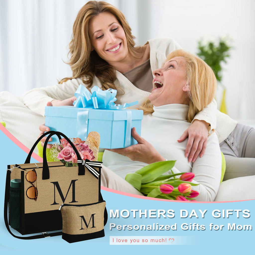 YOOLIFE Mothers Day Gifts for Women - Initial Jute Tote Bag & Makeup Bag, Birthday Gifts for Women Mom Wife Teacher Friend