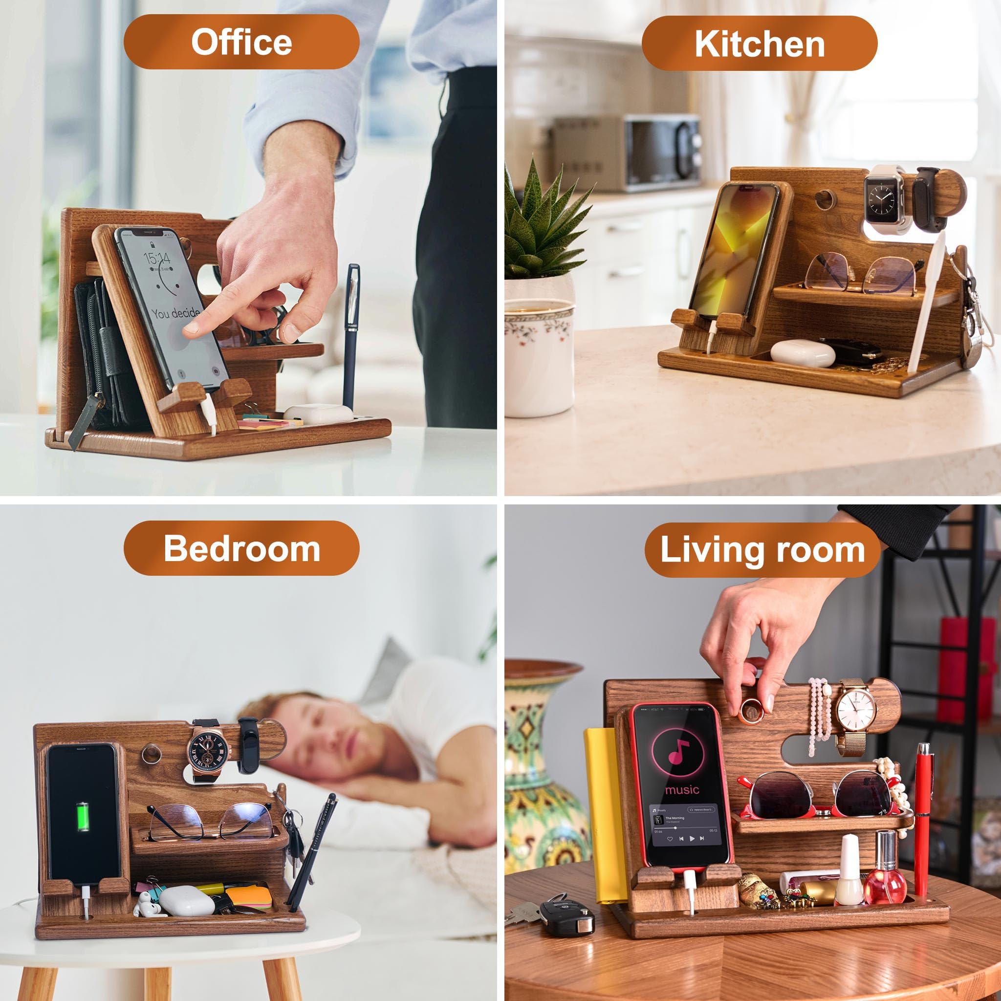TESLYAR Wood Phone Docking Station for Men - Desk or Nightstand Organizer - Birthday Gifts for Husband, Dad - Anniversary Idea from Wife - Key Holder, Stand Wallet, Watch & Essentials (Bourbon Brown)